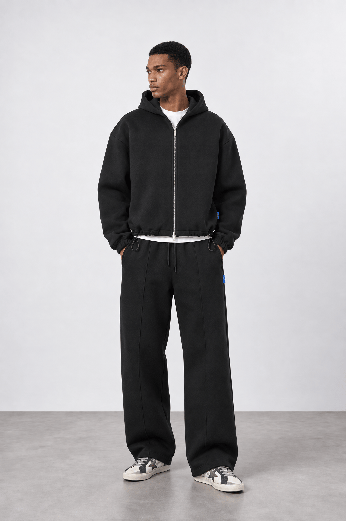 Erkek Lastik Detaylı Panda Oversize Zip Siyah