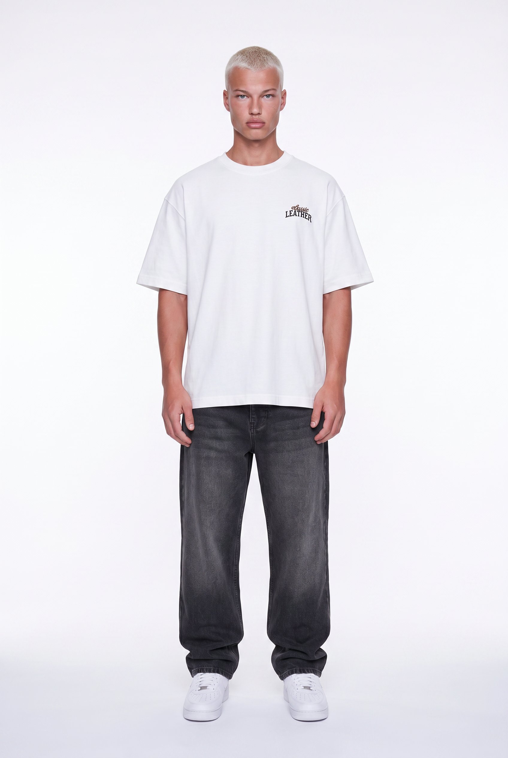 Erkek Leather Baskılı Oversize T-Shirt Ekru
