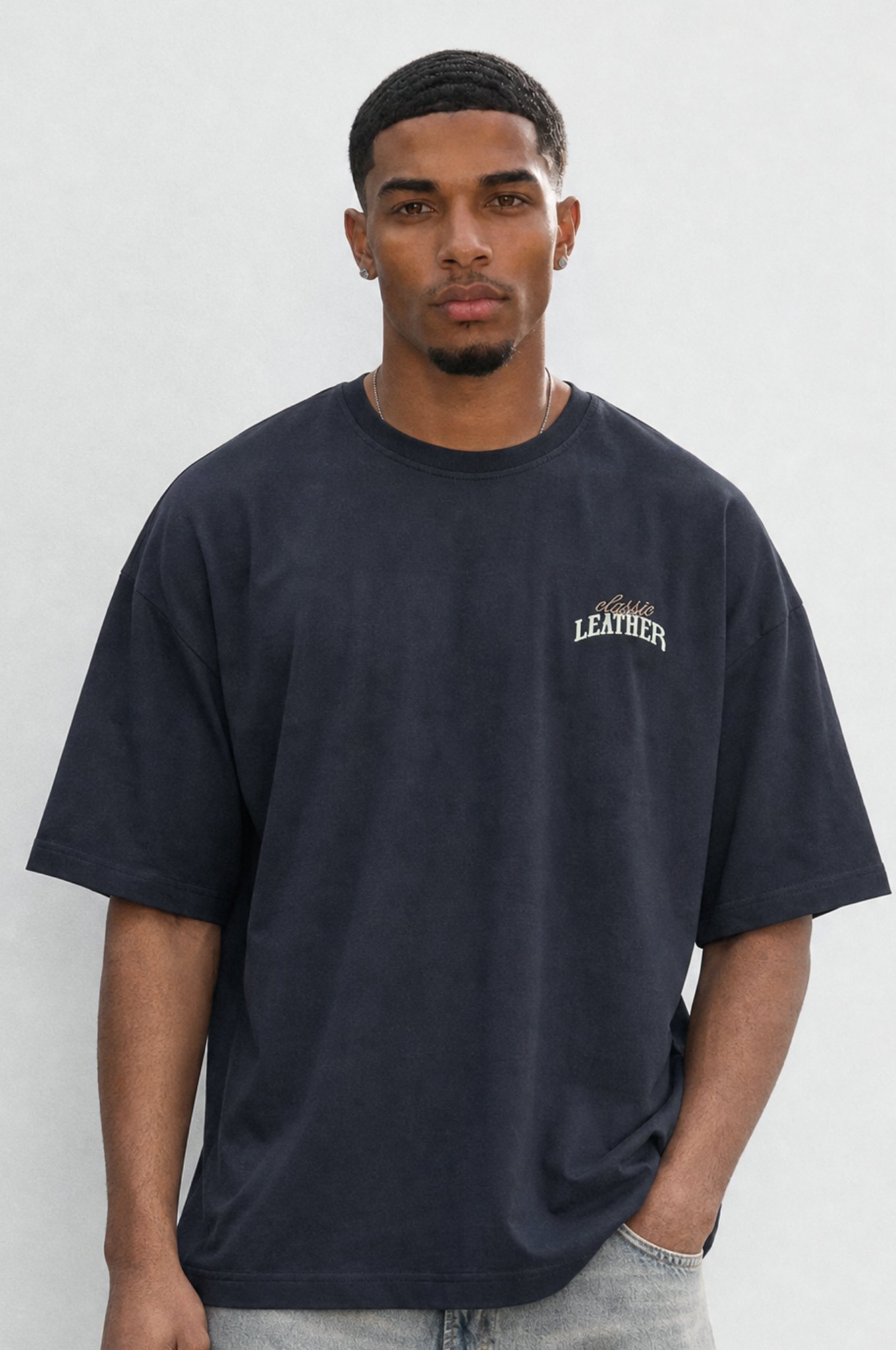 Erkek Leather Baskılı Oversize T-Shirt Siyah