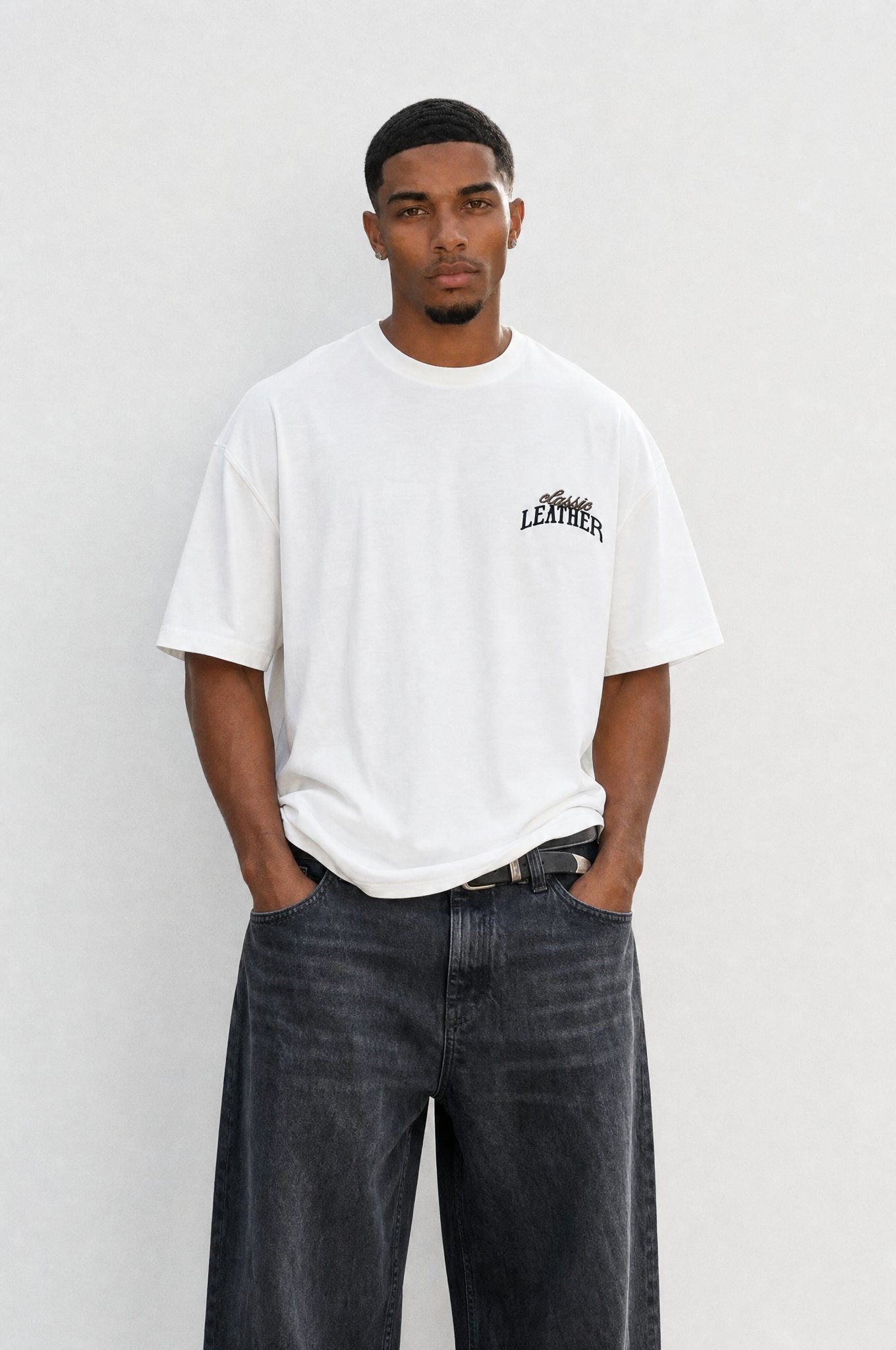 Erkek Leather Baskılı Oversize T-Shirt Ekru