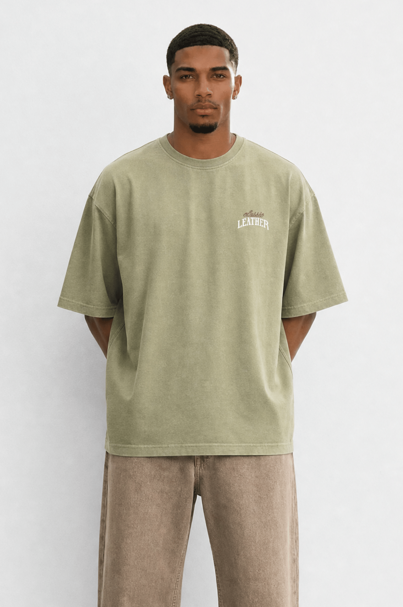 Erkek Leather Baskılı Oversize T-Shirt Haki