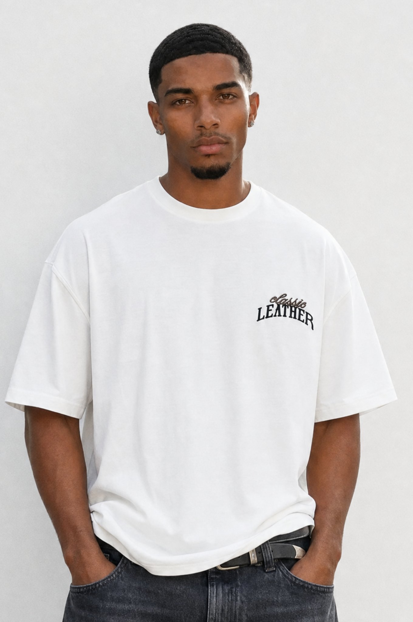 Erkek Leather Baskılı Oversize T-Shirt Ekru
