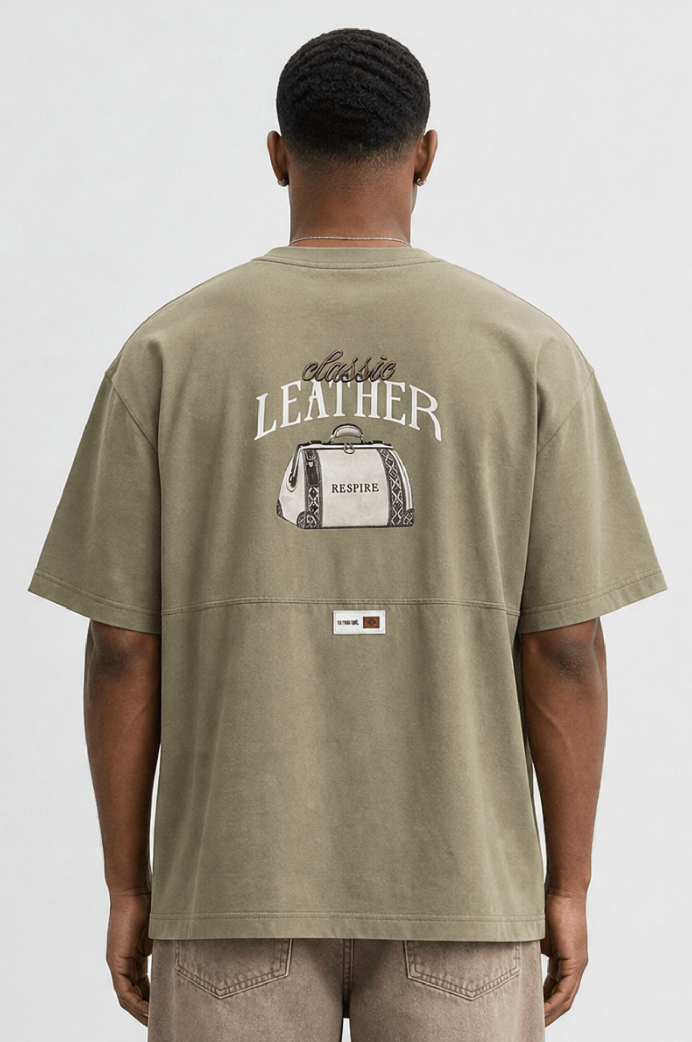 Erkek Leather Baskılı Oversize T-Shirt Haki