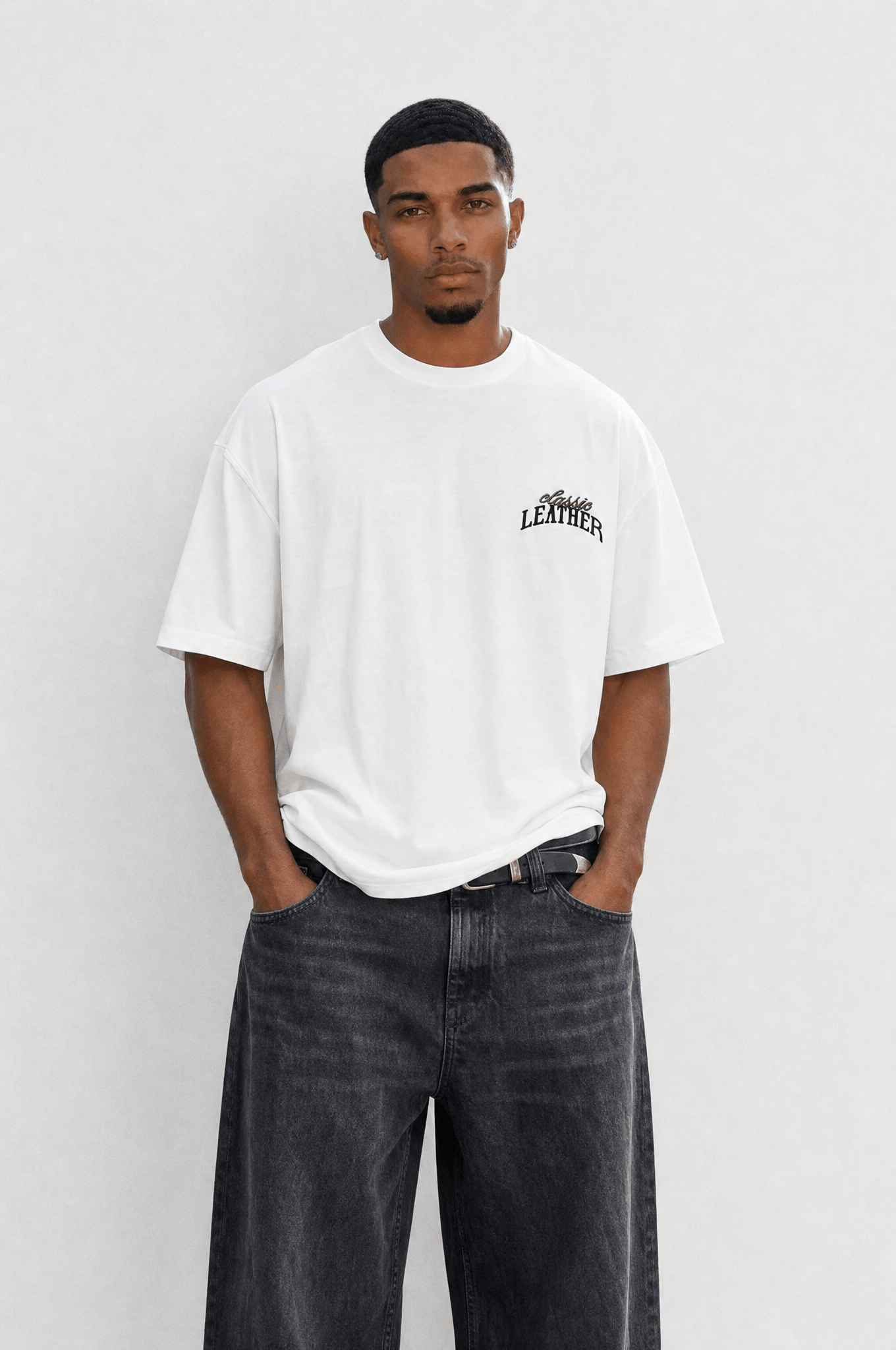 Erkek Leather Baskılı Oversize T-Shirt Ekru