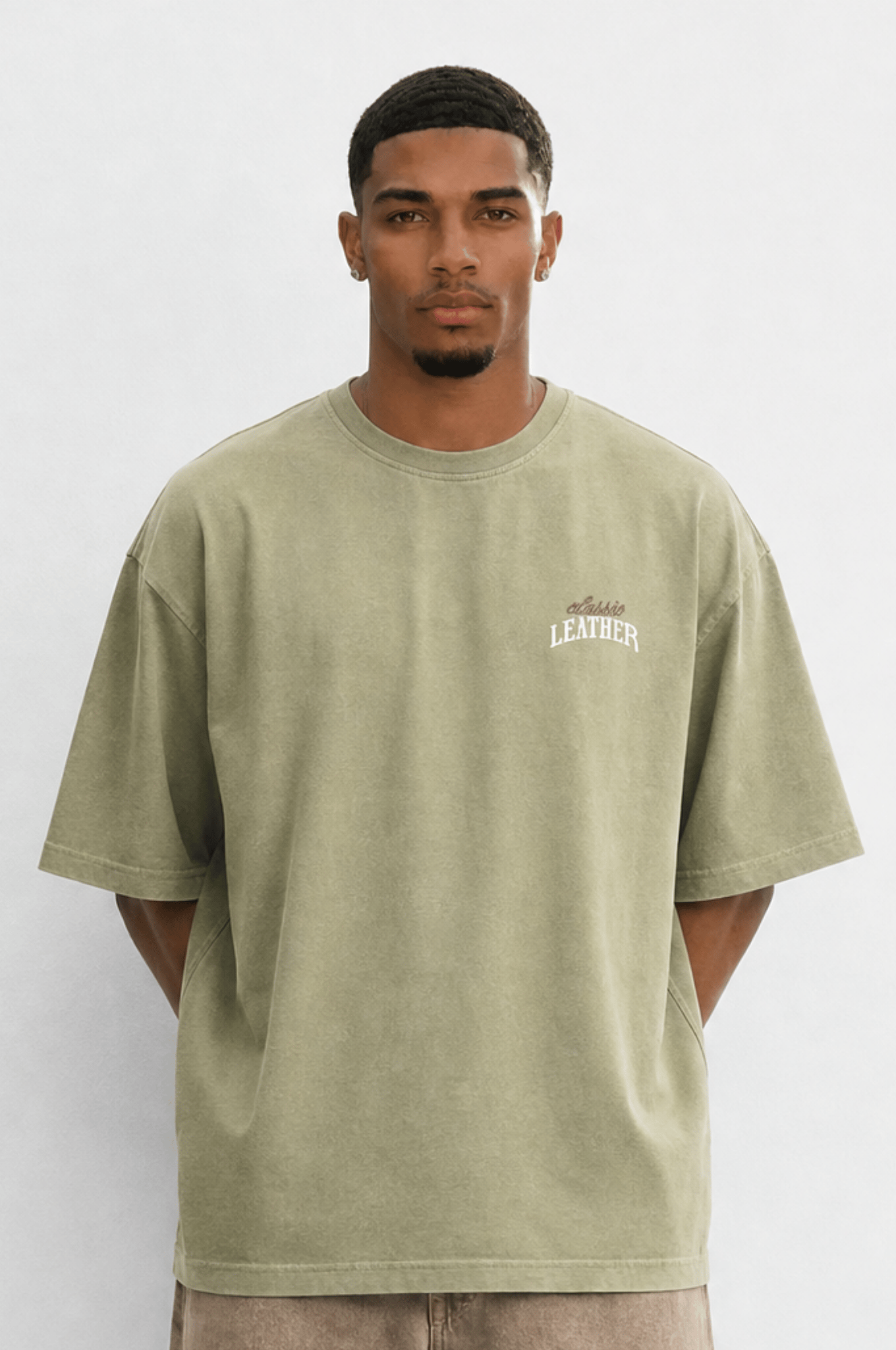 Erkek Leather Baskılı Oversize T-Shirt Haki