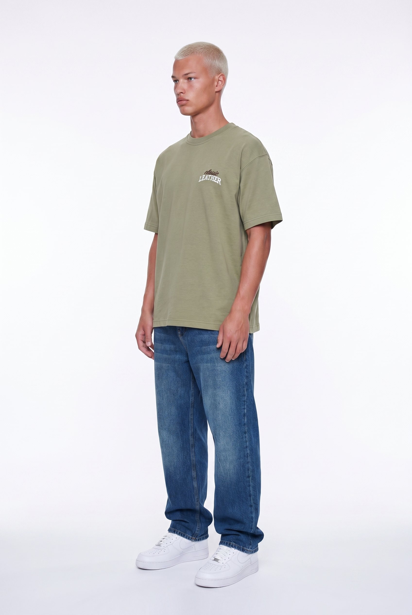 Erkek Leather Baskılı Oversize T-Shirt Haki