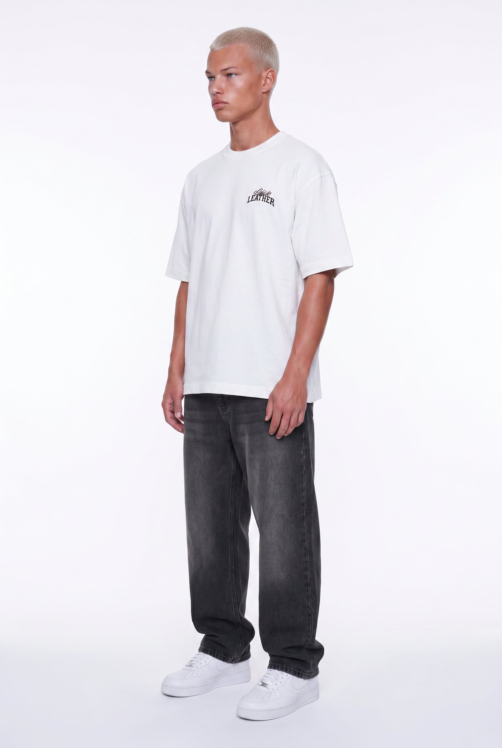 Erkek Leather Baskılı Oversize T-Shirt Ekru