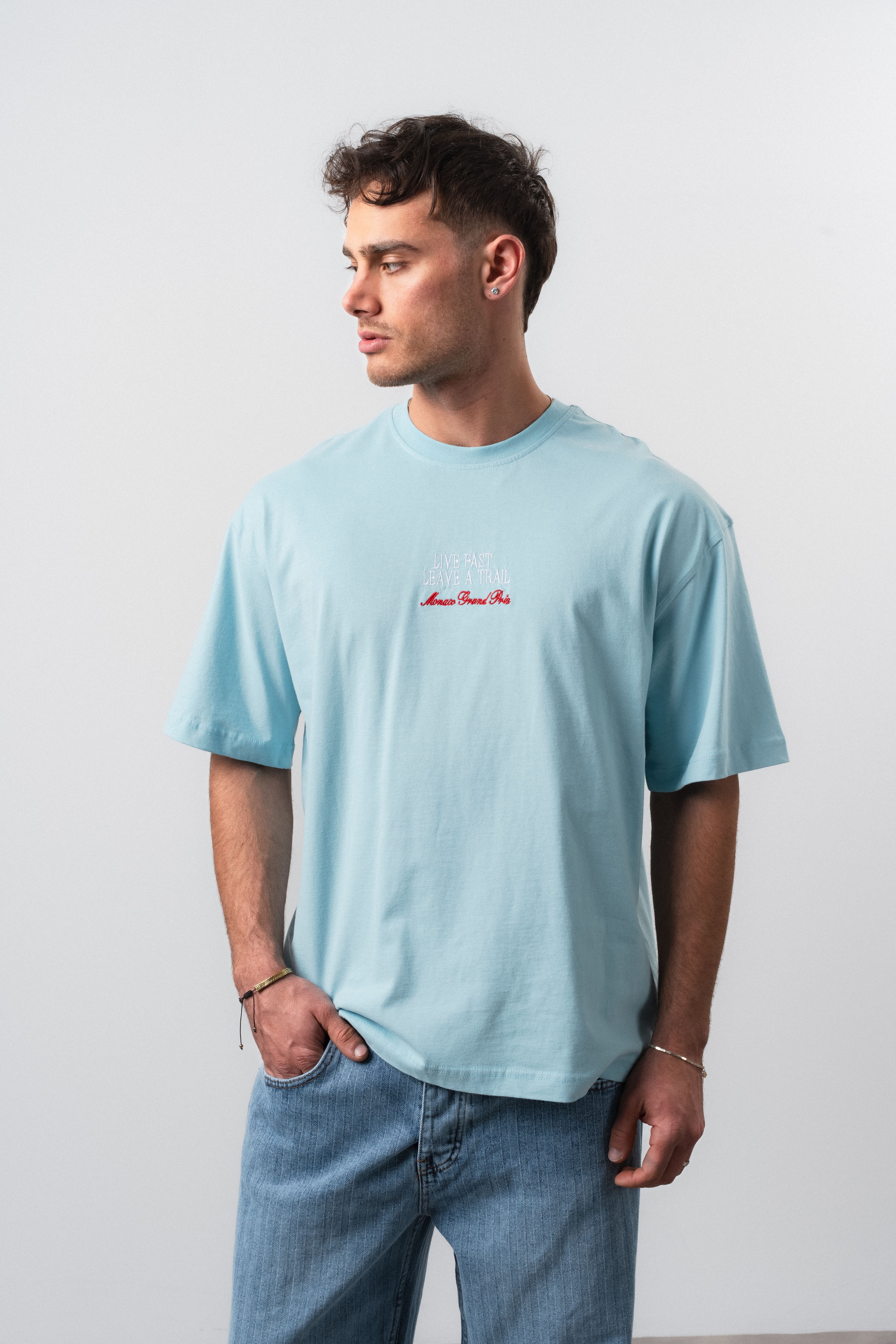 Erkek Live Fast Baskılı Oversize T-Shirt Bebe Mavi