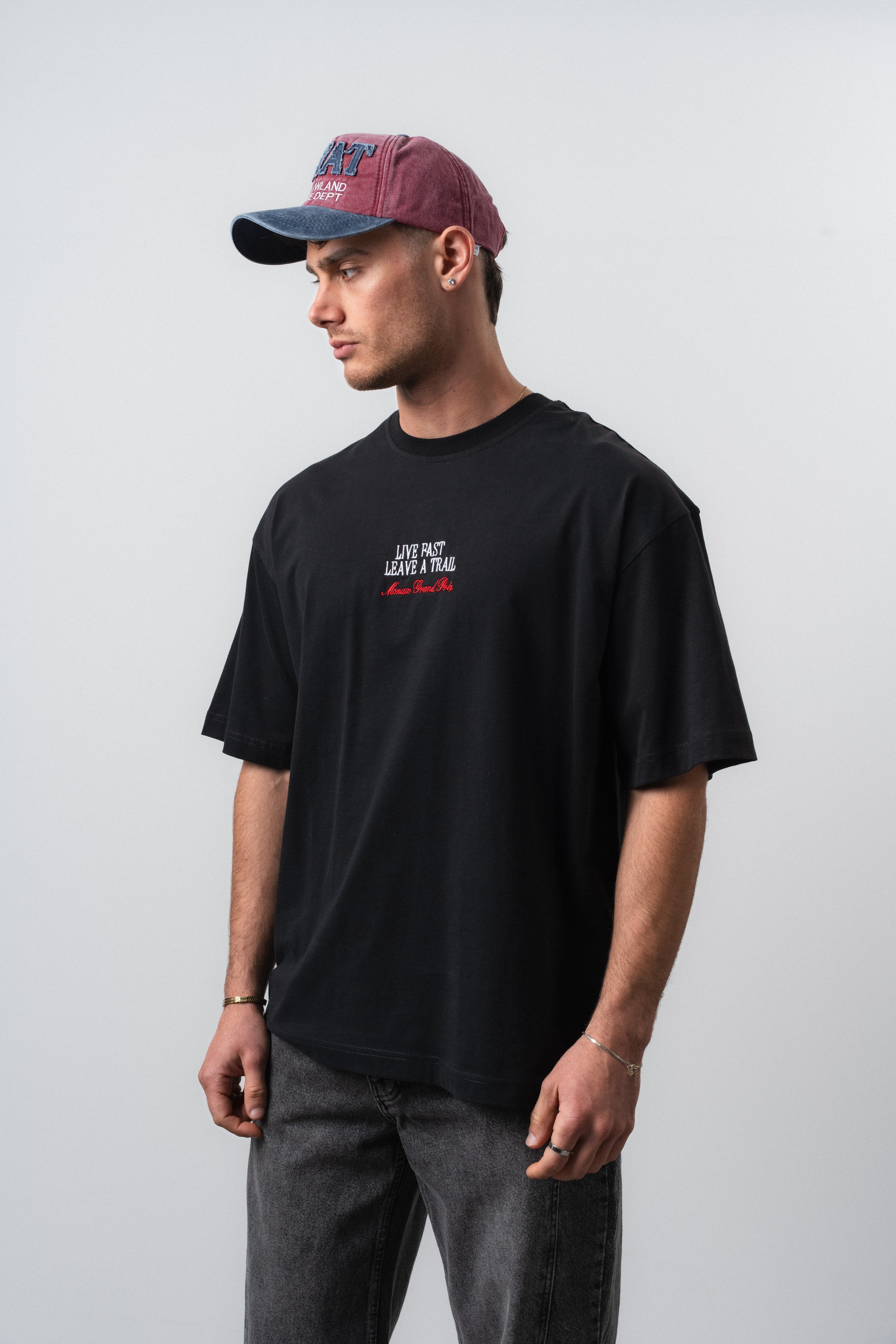 Erkek Live Fast Baskılı Oversize T-Shirt Siyah