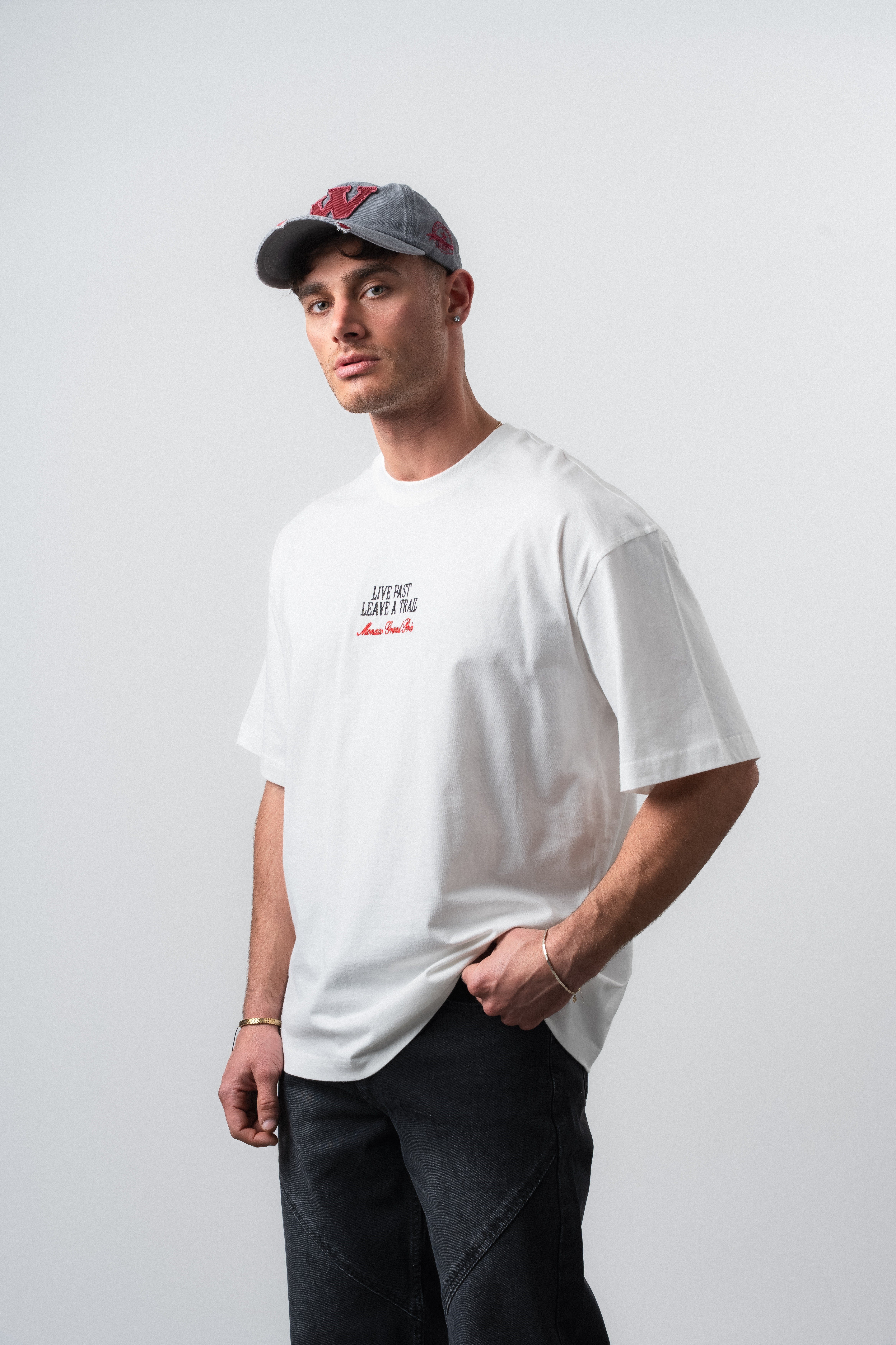Erkek Live Fast Baskılı Oversize T-Shirt Ekru