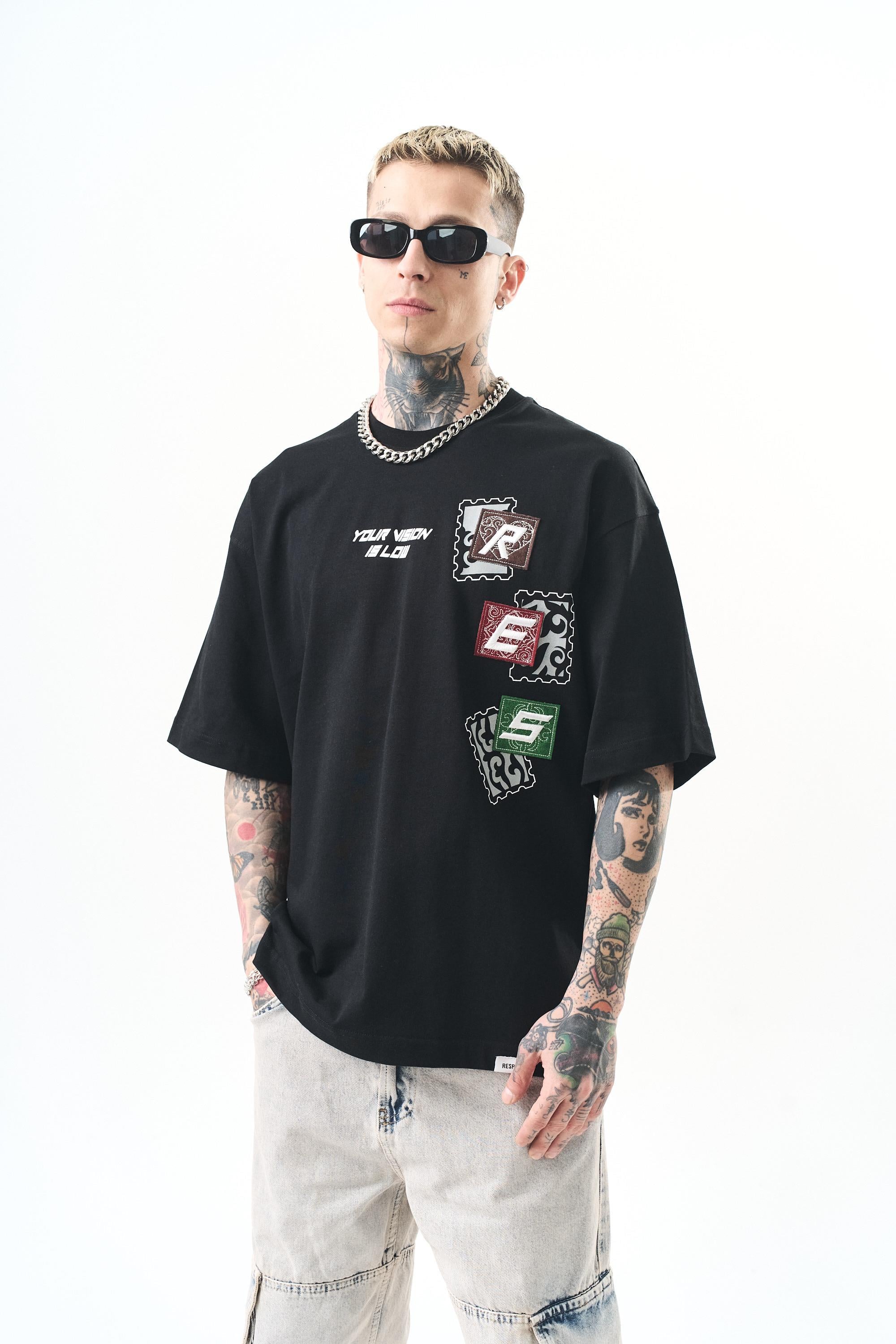 Erkek Low Vision Nakışlı Oversize T-Shirt Siyah