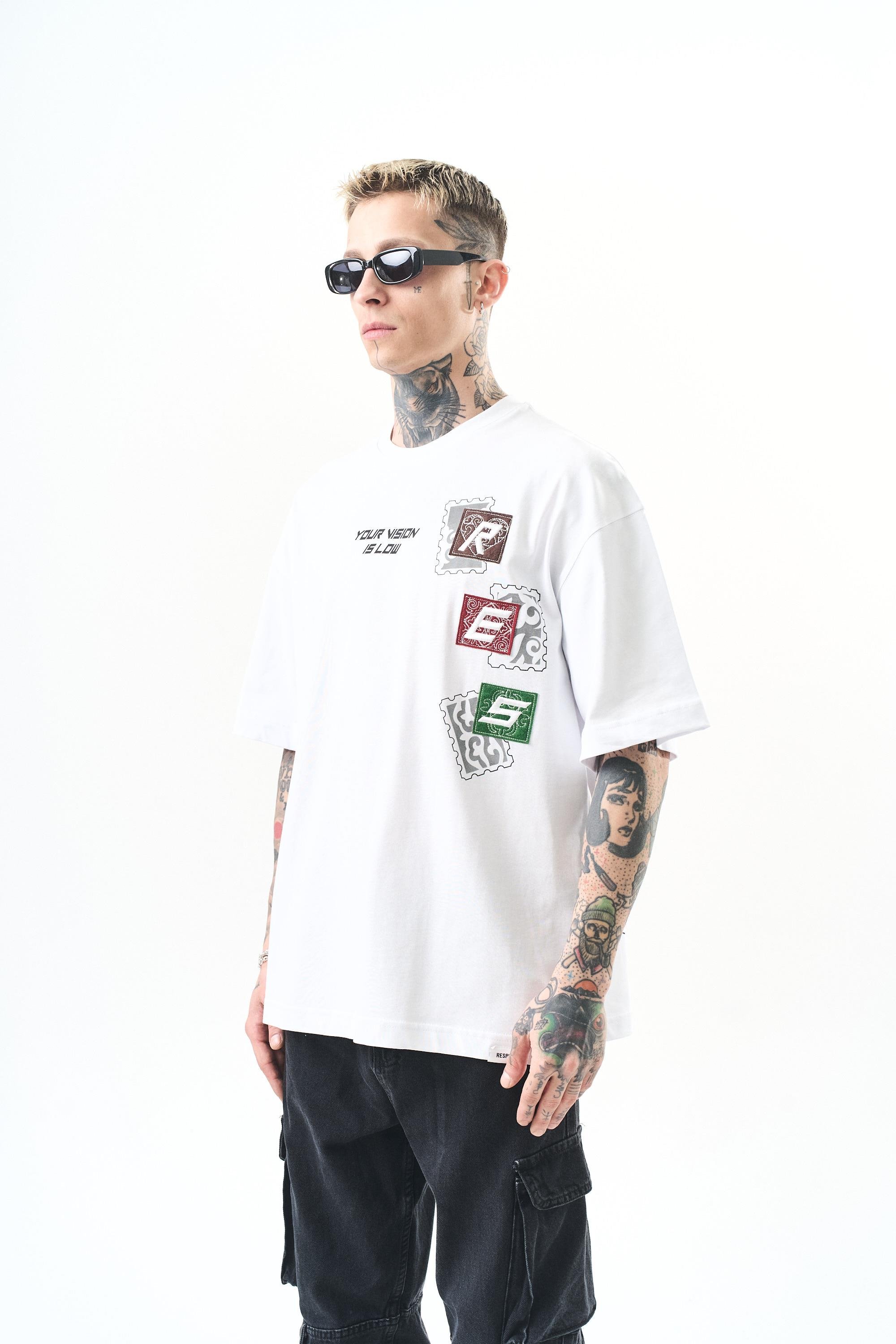 Erkek Low Vision Nakışlı Oversize T-Shirt Beyaz