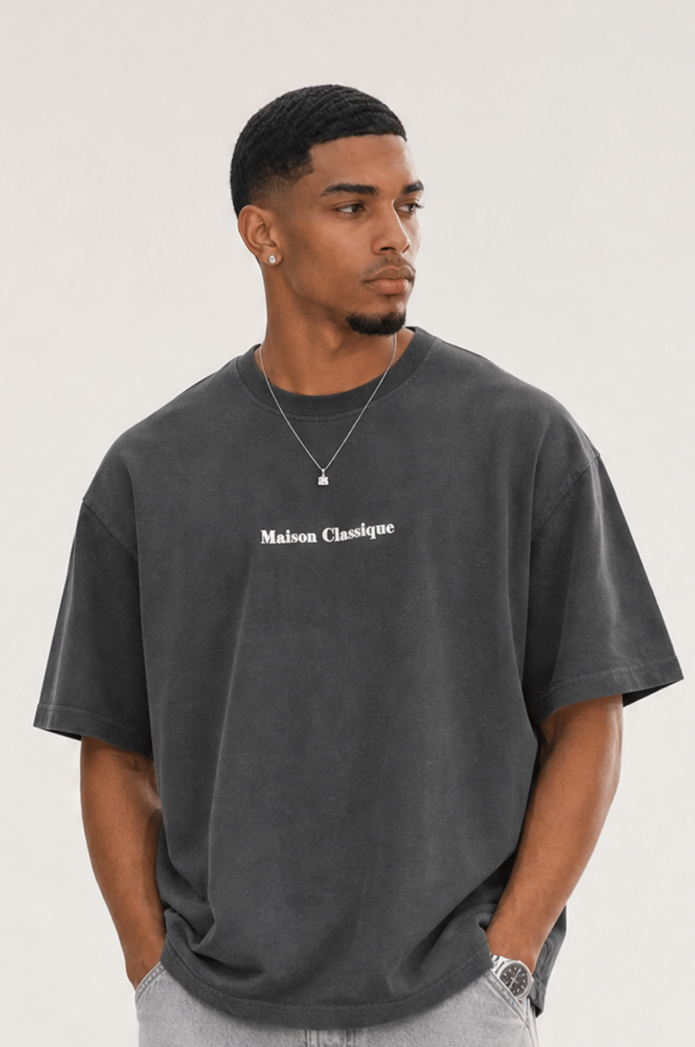 Erkek Maison Baskılı Oversize T-Shirt Füme
