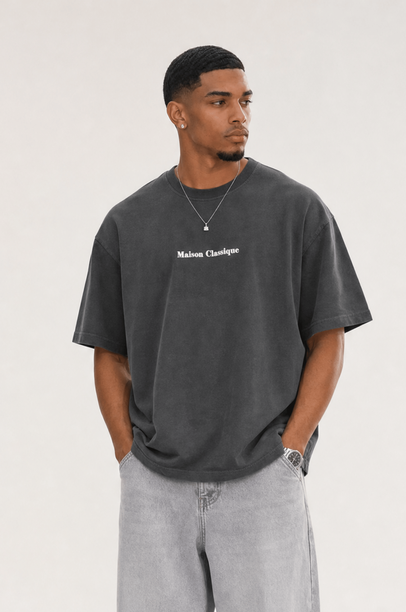 Erkek Maison Baskılı Oversize T-Shirt Füme