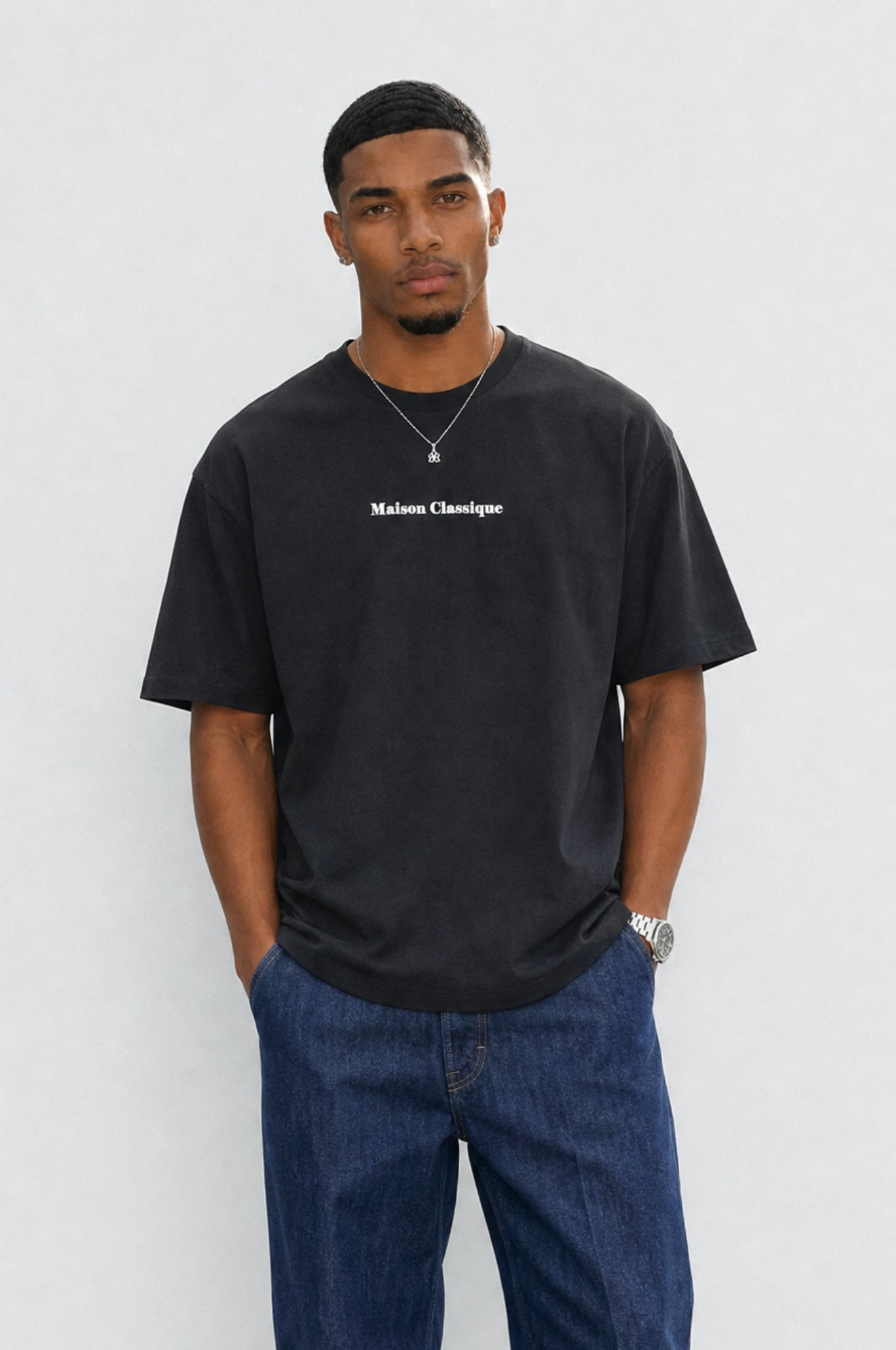 Erkek Maison Baskılı Oversize T-Shirt Siyah