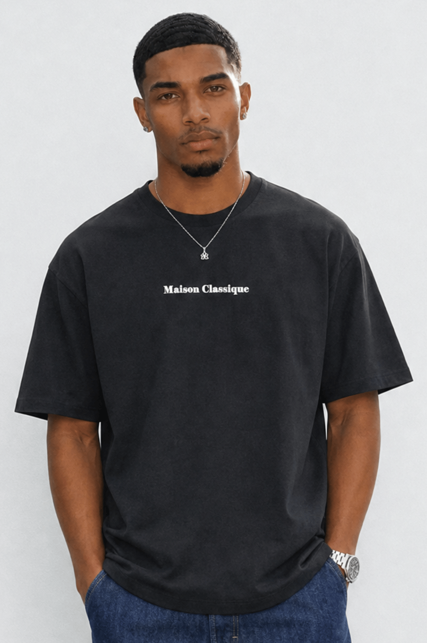 Erkek Maison Baskılı Oversize T-Shirt Siyah