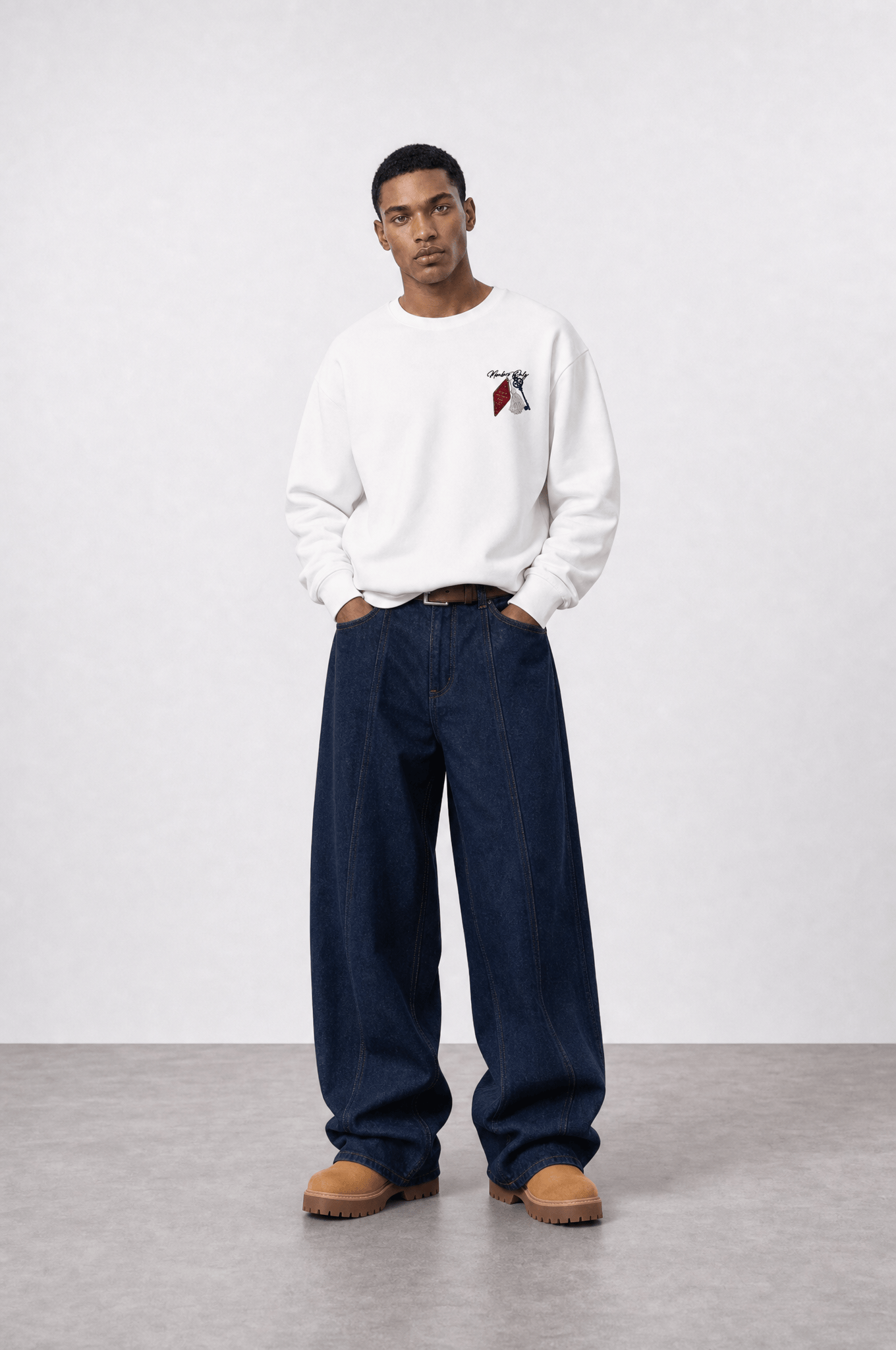 Erkek Members Only Baskılı Oversize Sweatshirt Ekru