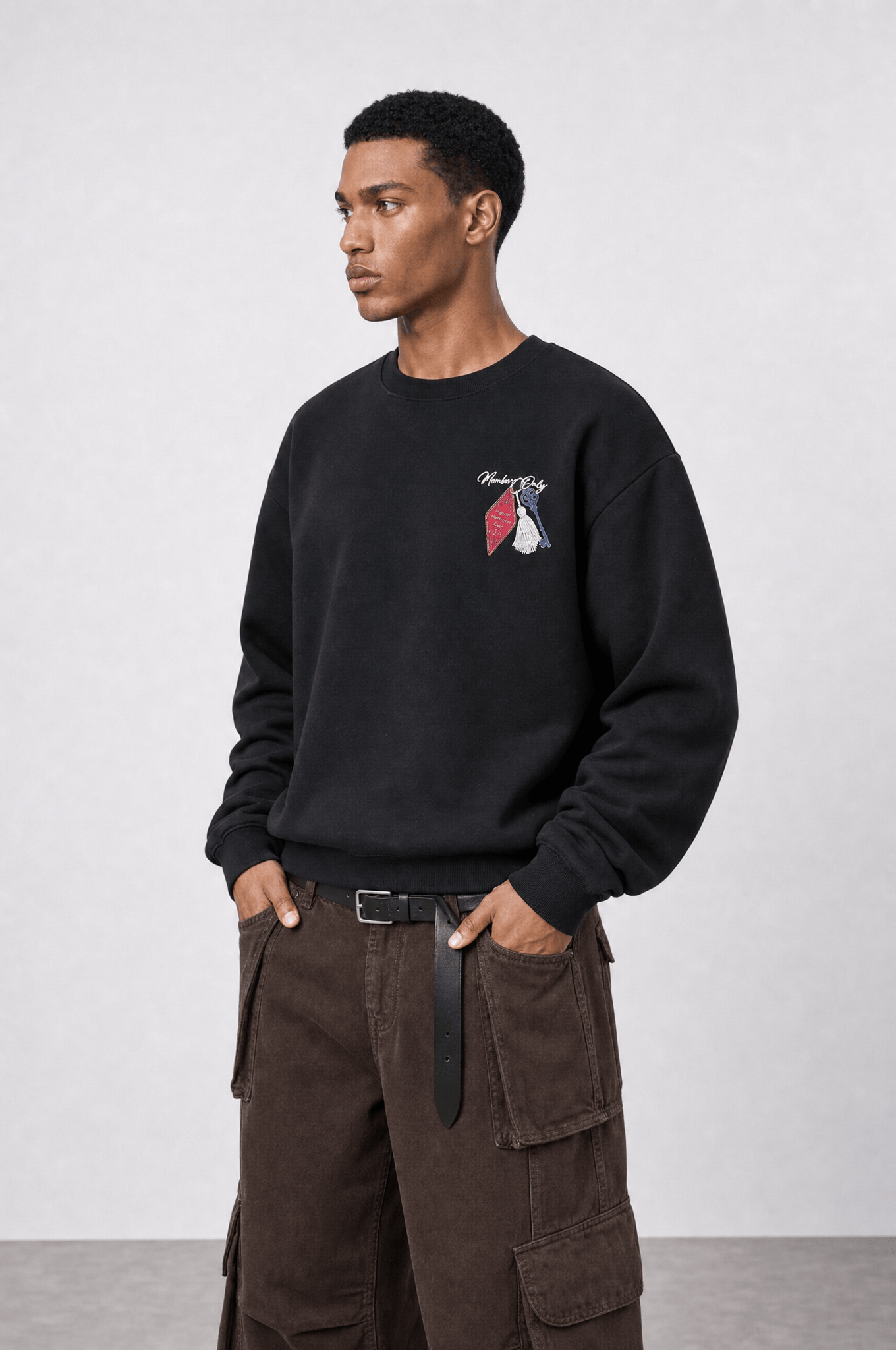 Erkek Members Only Baskılı Oversize Sweatshirt Siyah