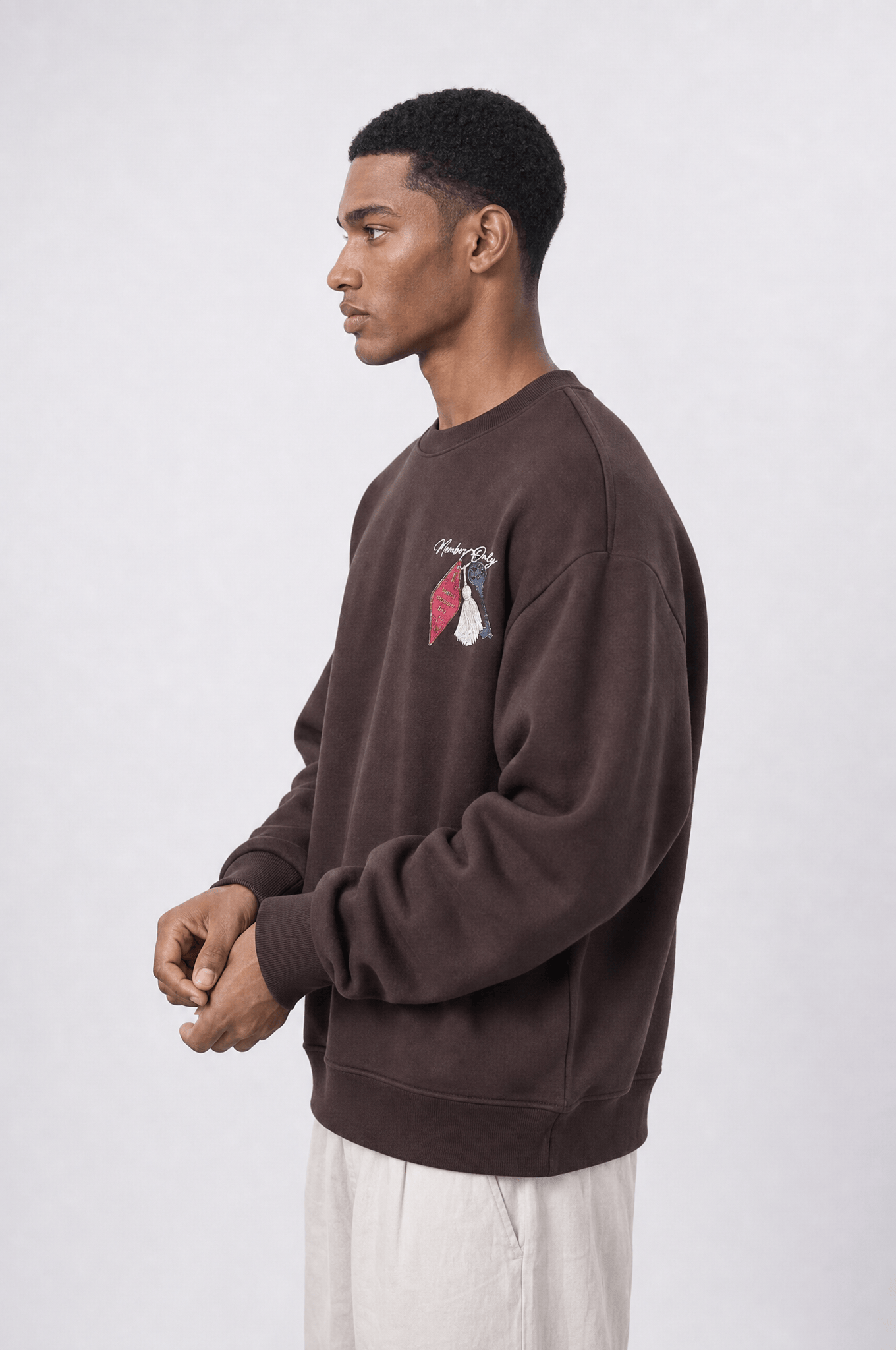 Erkek Members Only Baskılı Oversize Sweatshirt Kahve