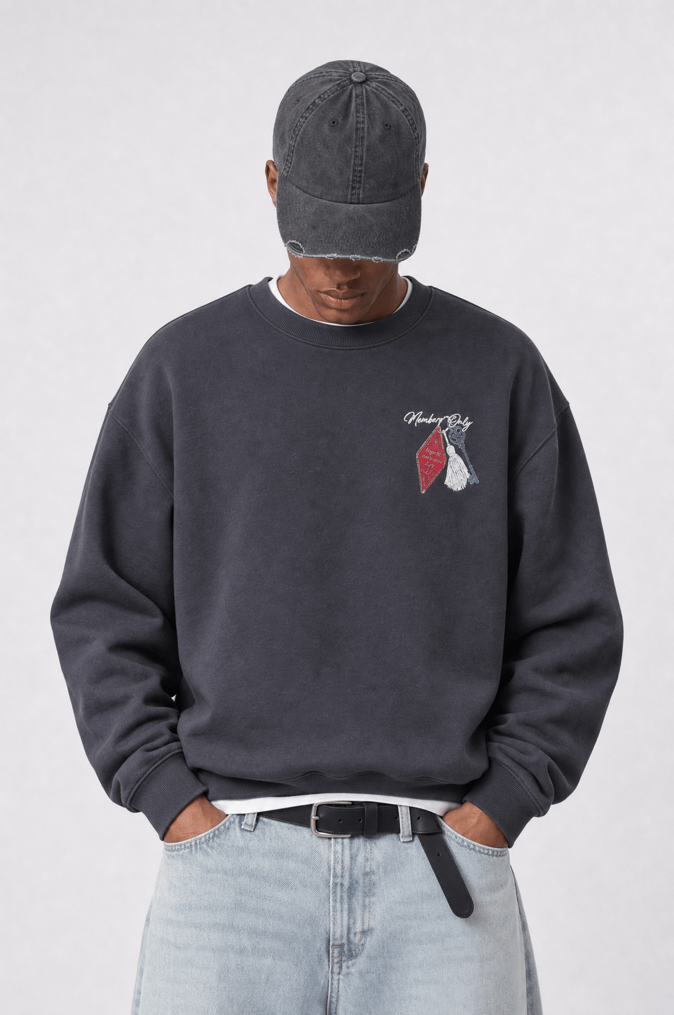 Erkek Members Only Baskılı Oversize Sweatshirt Füme