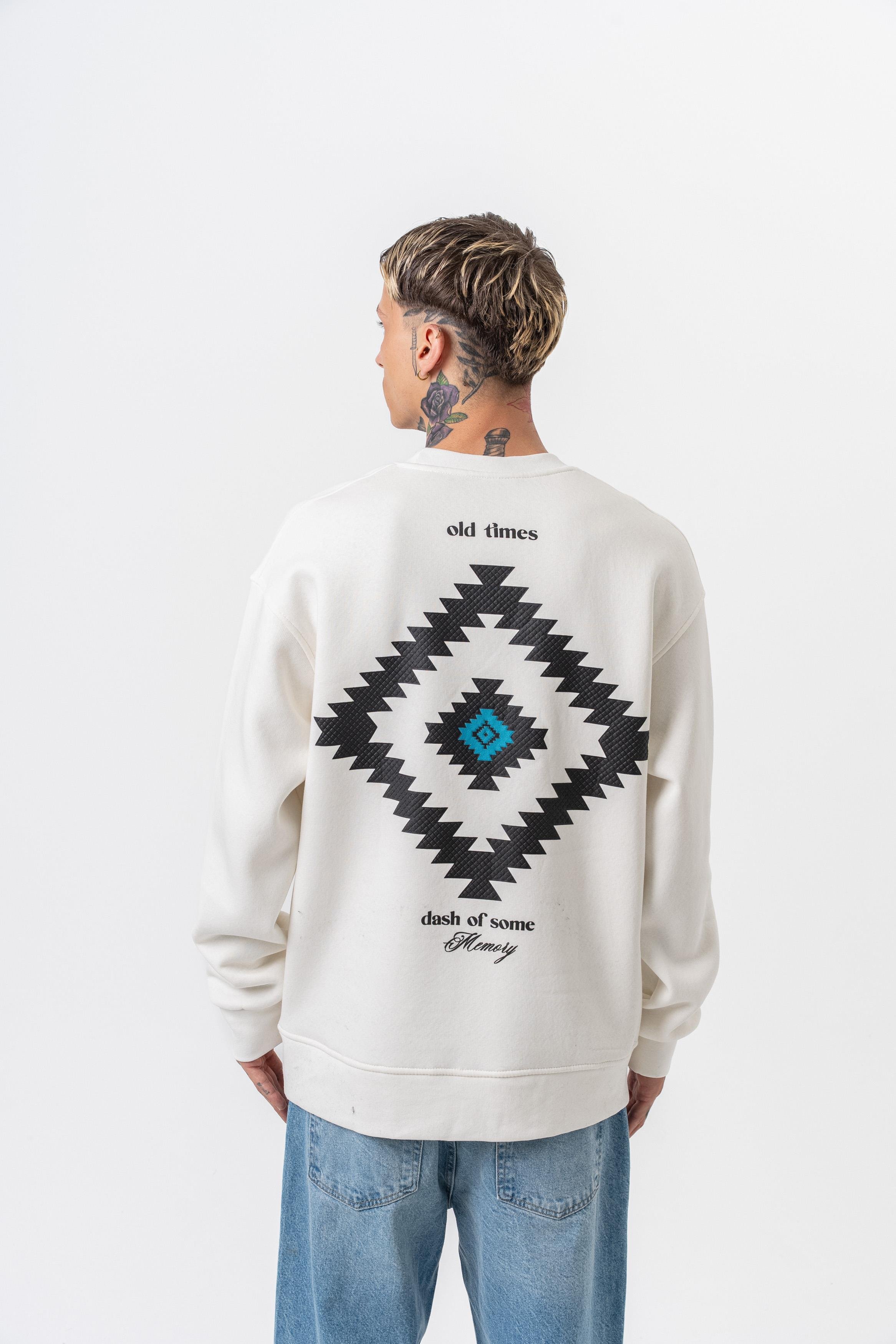 Erkek Memory Baskılı Bisiklet Yaka Oversize Sweatshirt Ekru
