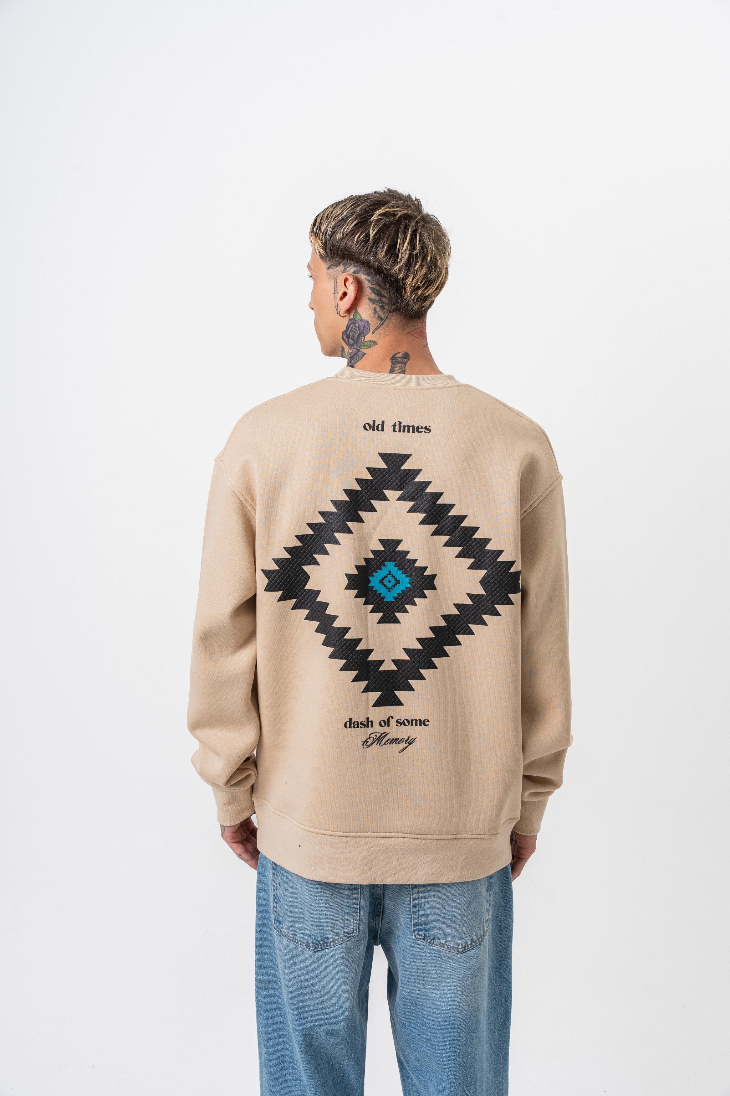 Erkek Memory Baskılı Bisiklet Yaka Oversize Sweatshirt Bej