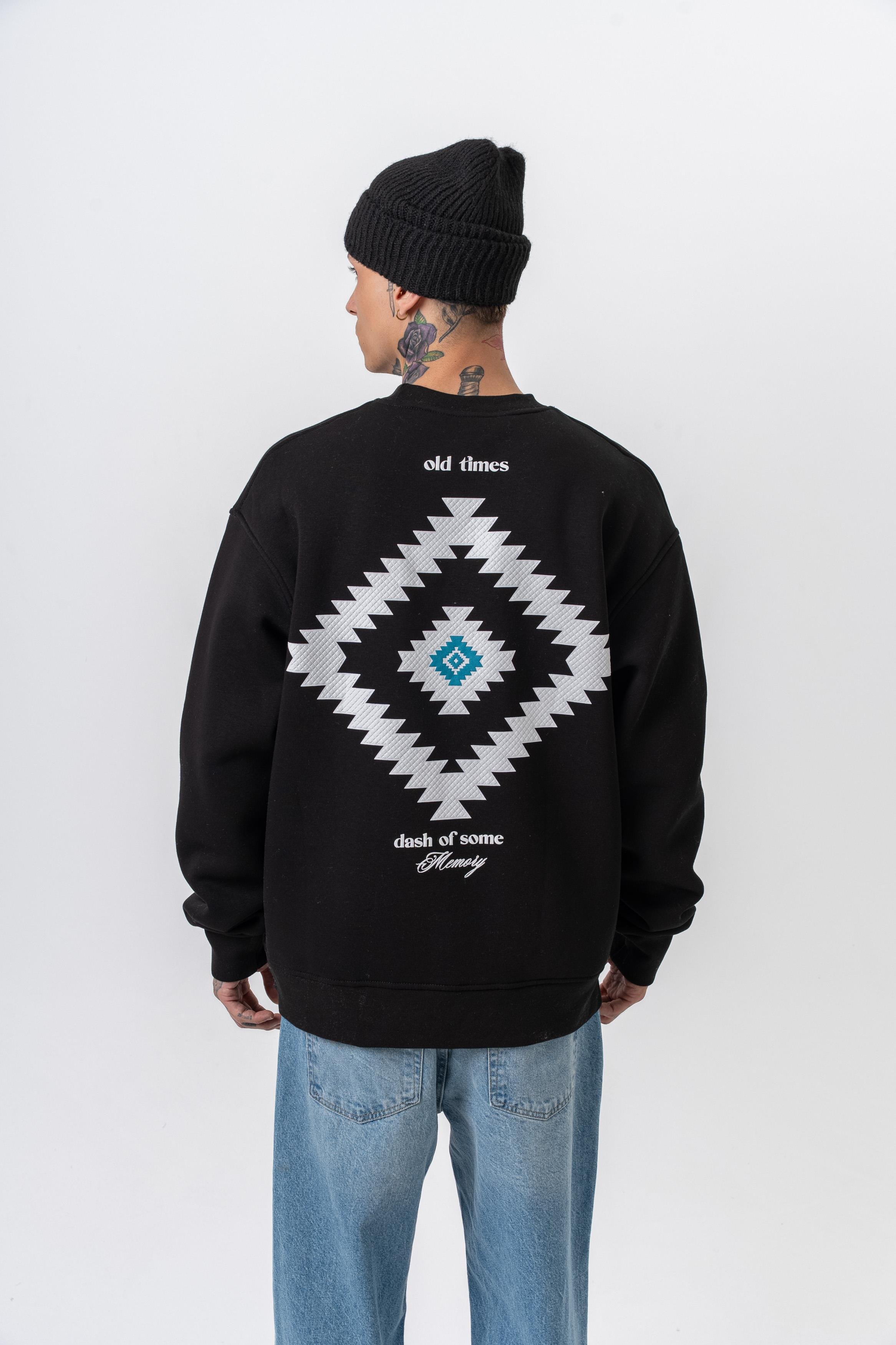 Erkek Memory Baskılı Bisiklet Yaka Oversize Sweatshirt Siyah