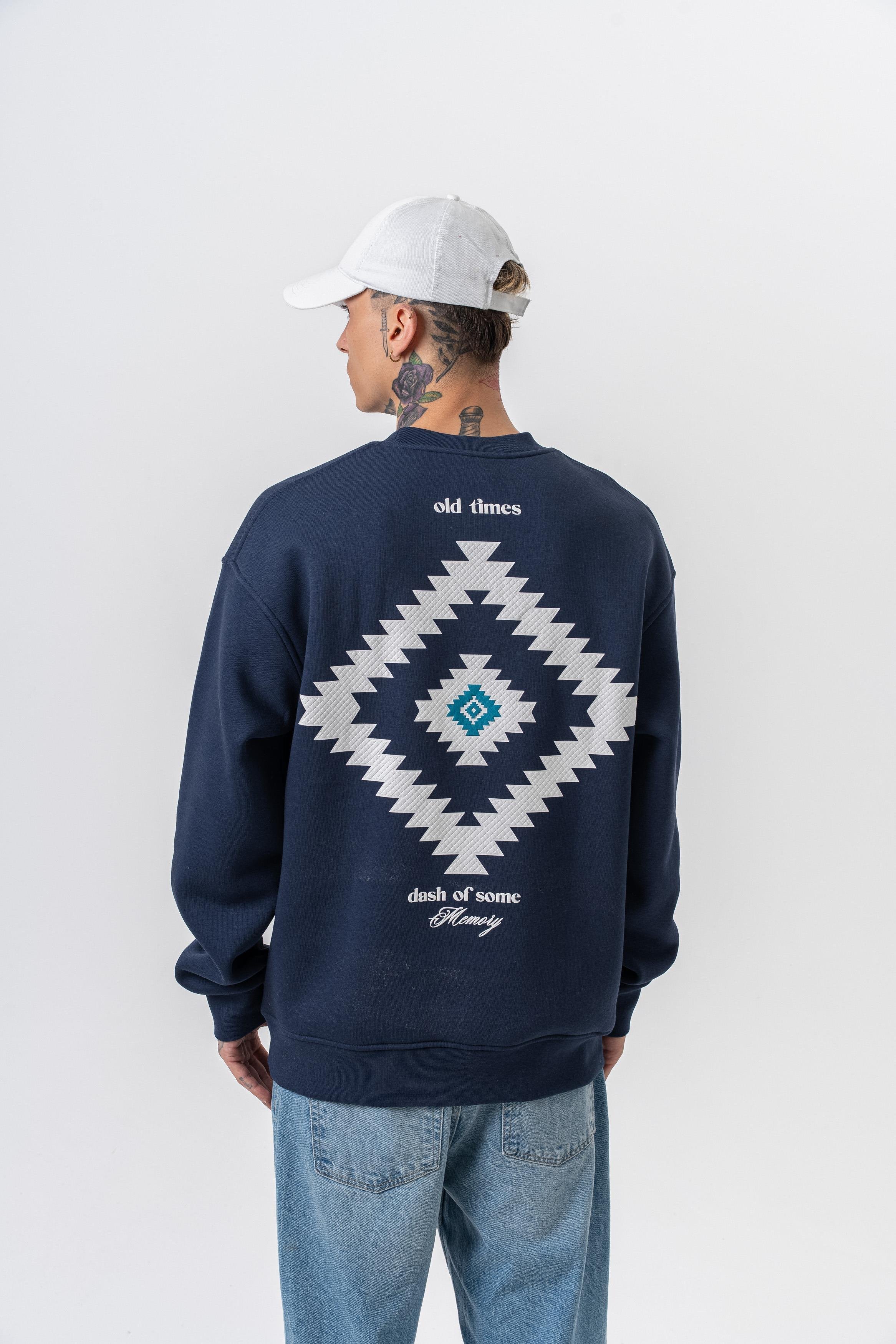 Erkek Memory Baskılı Bisiklet Yaka Oversize Sweatshirt Lacivert