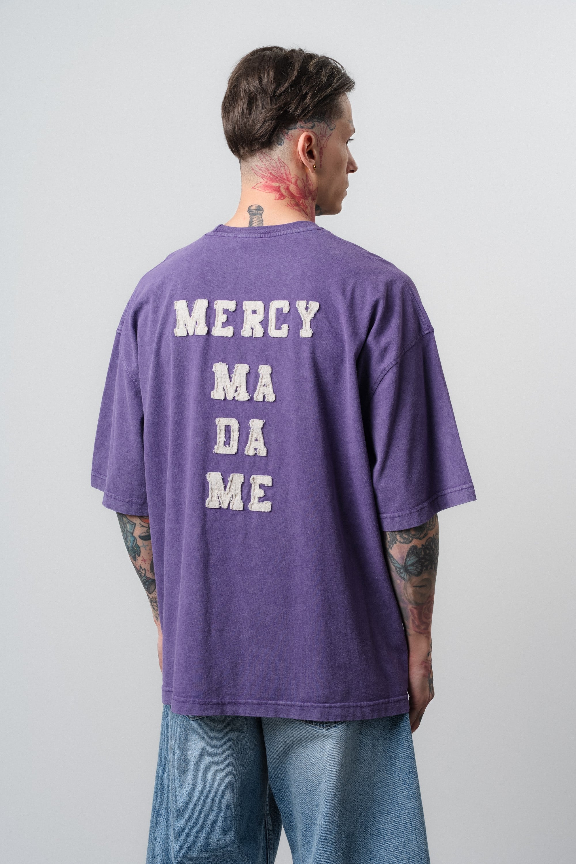 Erkek Mercy Nakışlı Yıkamalı Oversize T-Shirt Mor