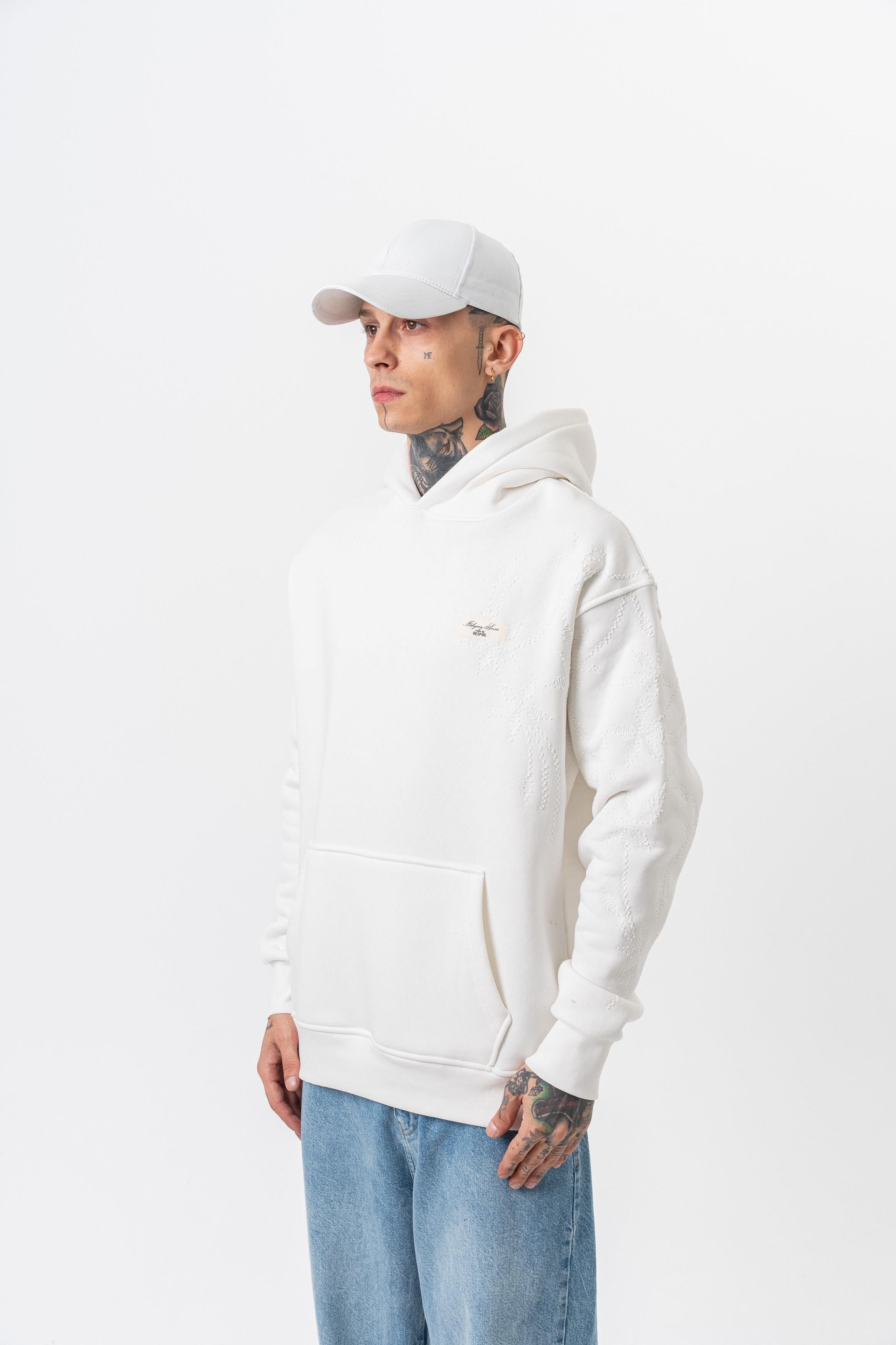 Erkek Minimalism Series Nakışlı Kapüşonlu Oversize Hoodie Ekru