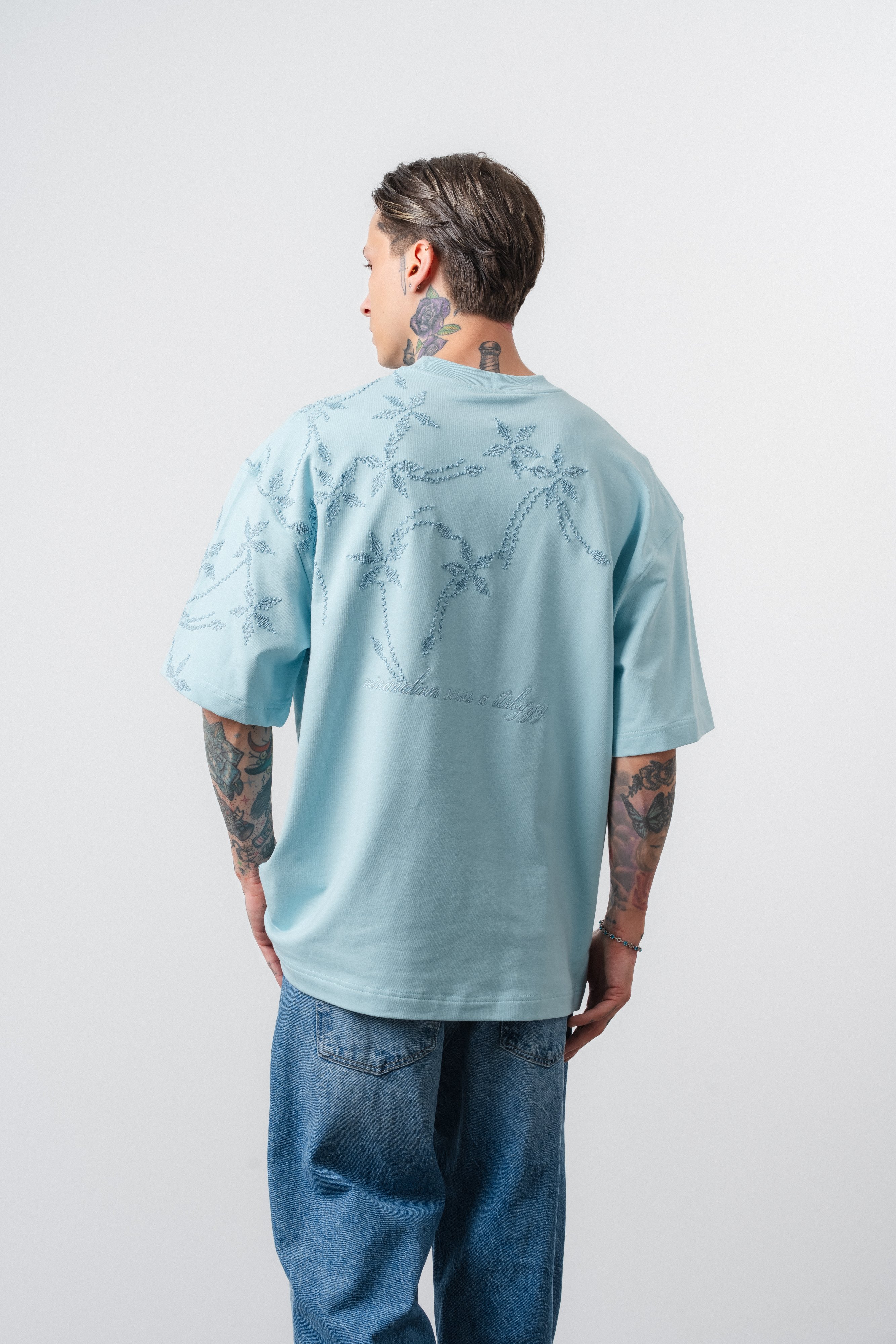 Erkek Minimalism Series Nakışlı Oversized T-Shirt Bebe Mavi