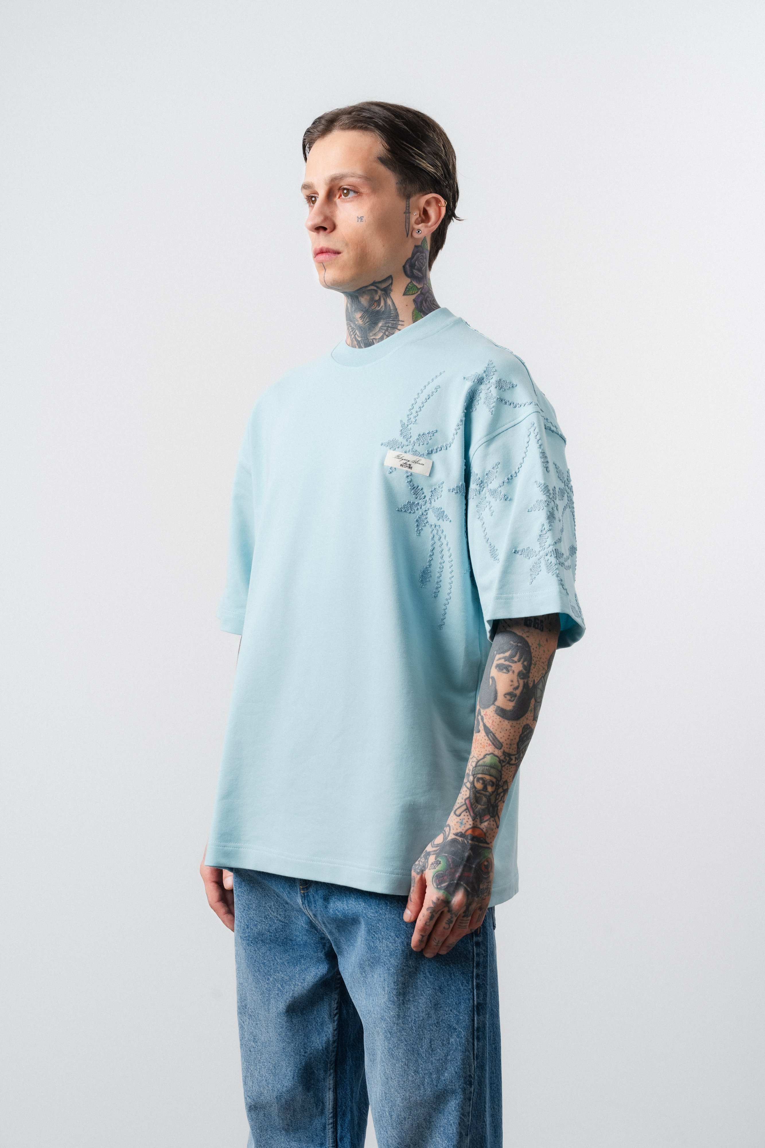 Erkek Minimalism Series Nakışlı Oversized T-Shirt Bebe Mavi