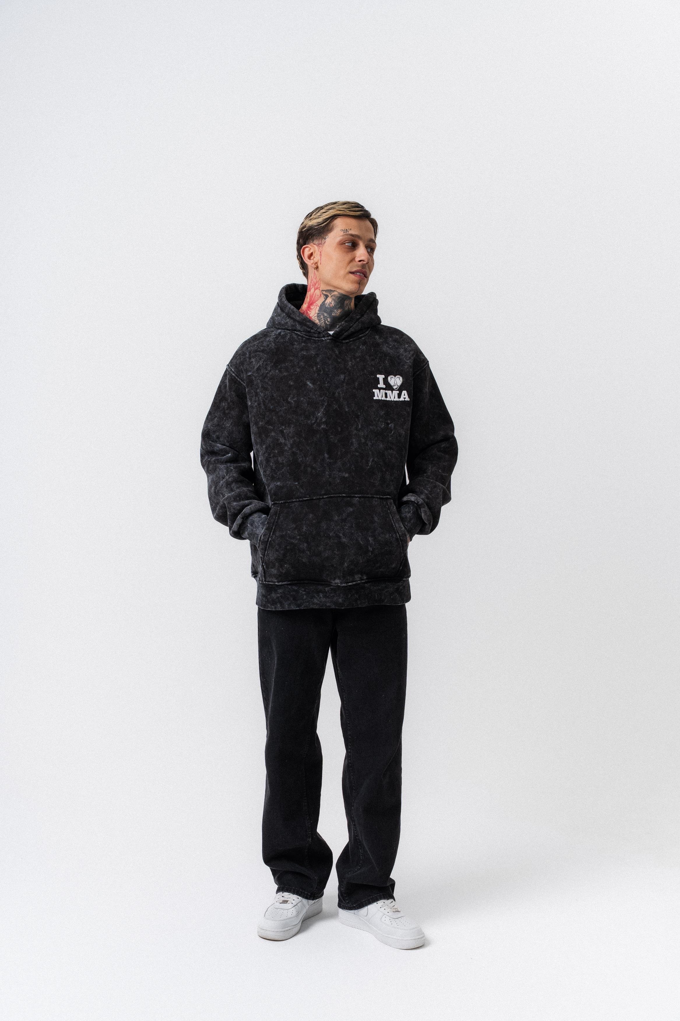 Erkek MMA Baskılı Kapüşonlu Oversize Hoodie Siyah