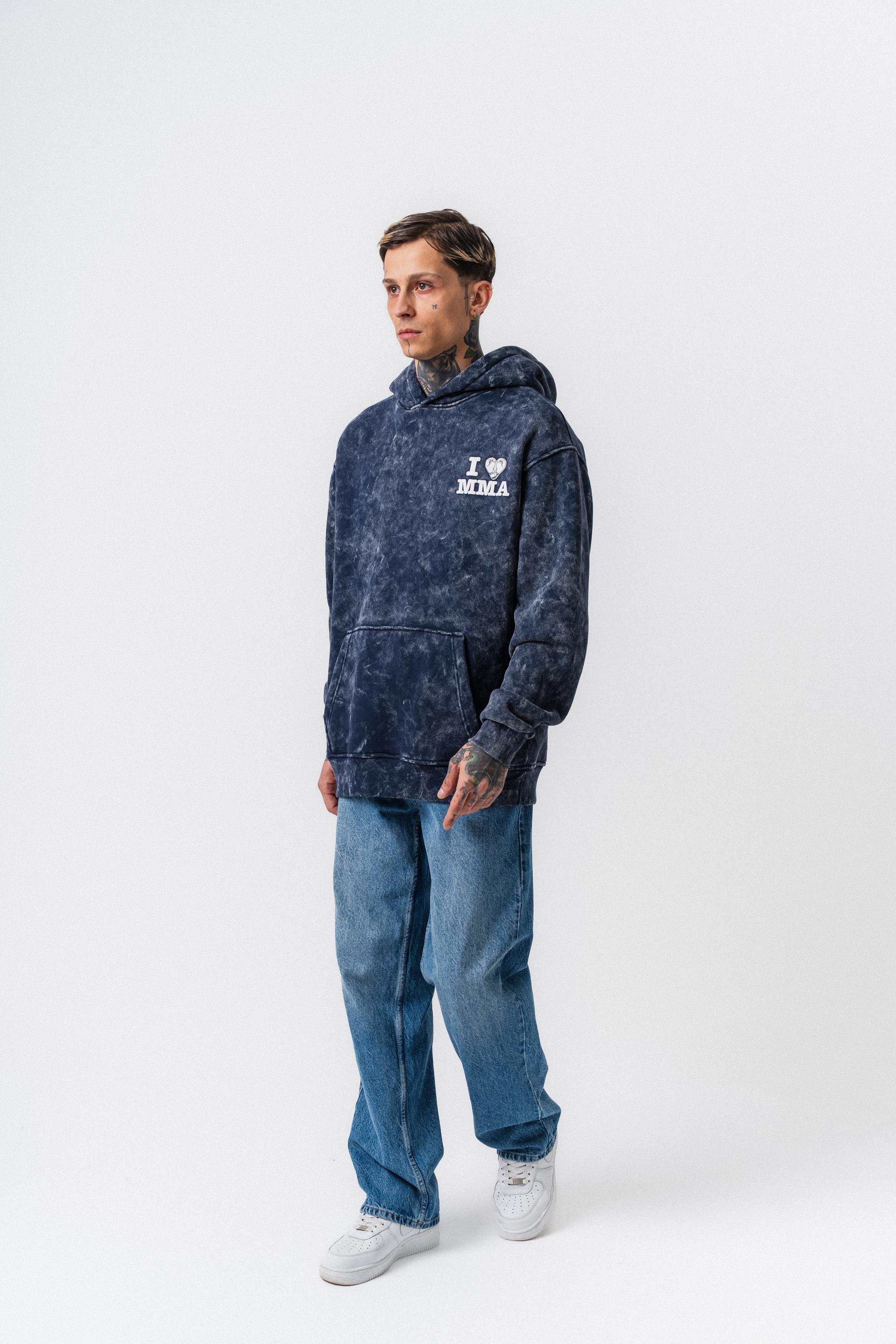 Erkek MMA Baskılı Kapüşonlu Oversize Hoodie Lacivert