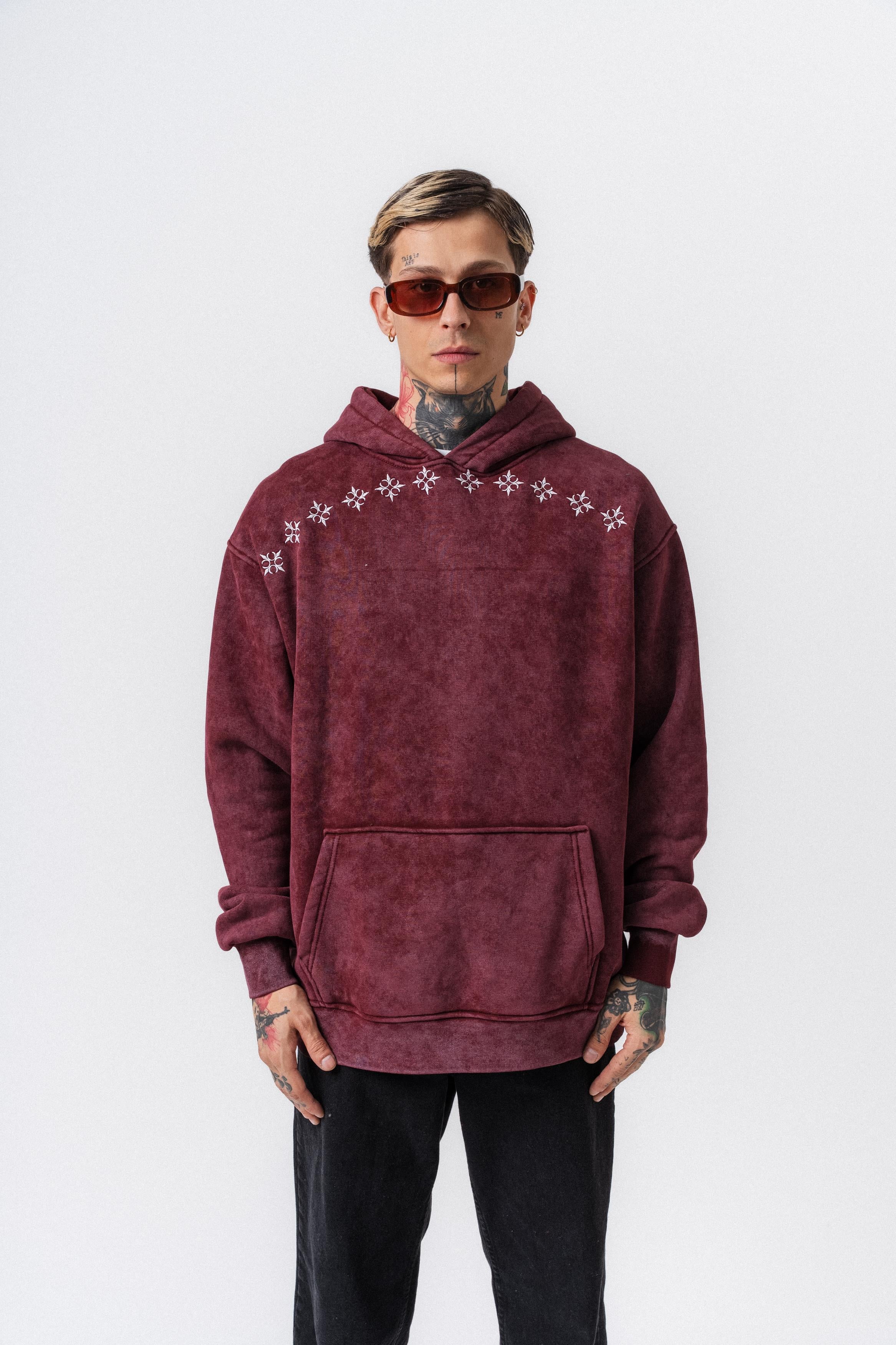 Erkek Muse Baskılı Yıkamalı Kapüşonlu Oversize Hoodie Bordo