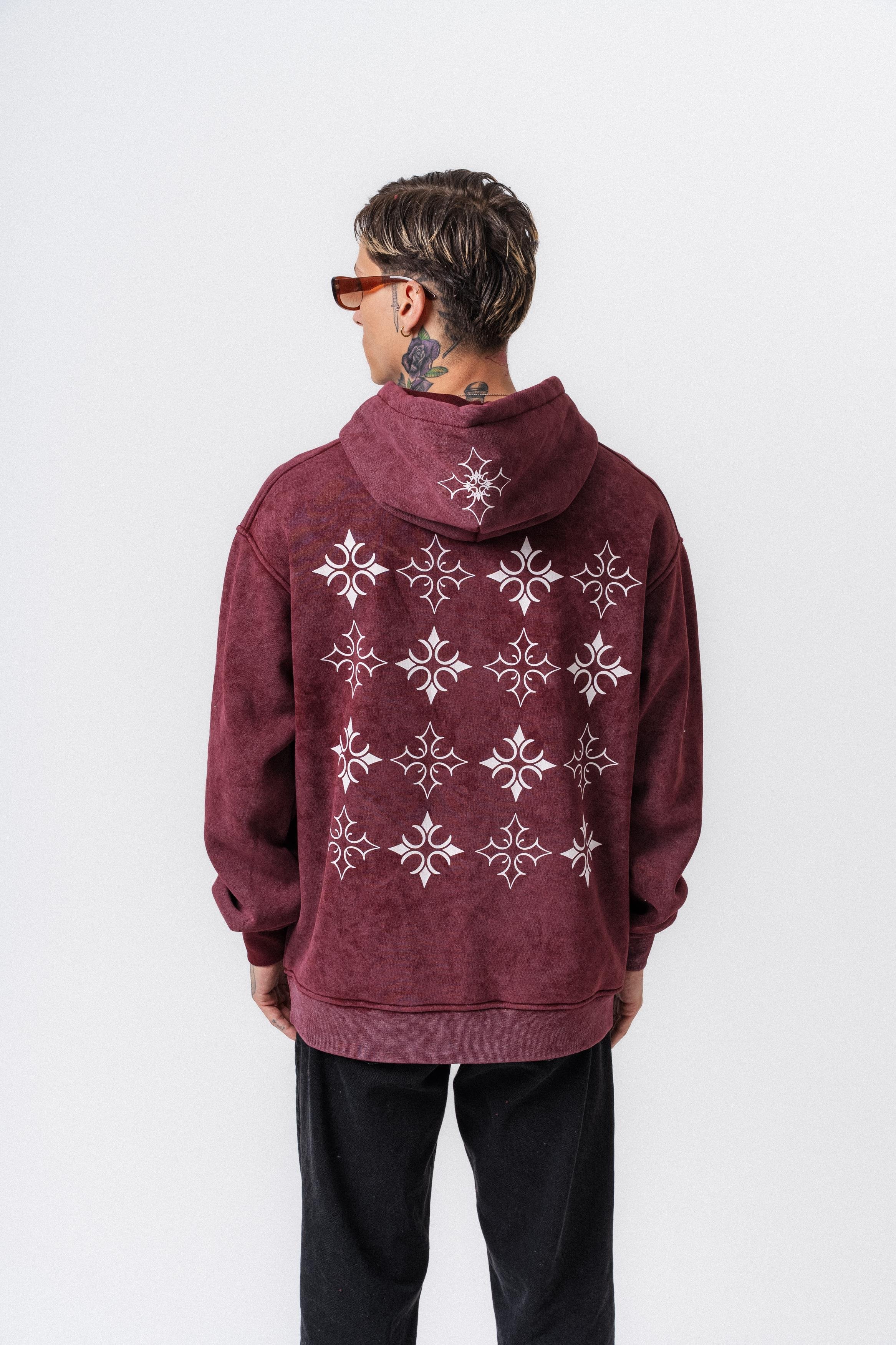 Erkek Muse Baskılı Yıkamalı Kapüşonlu Oversize Hoodie Bordo