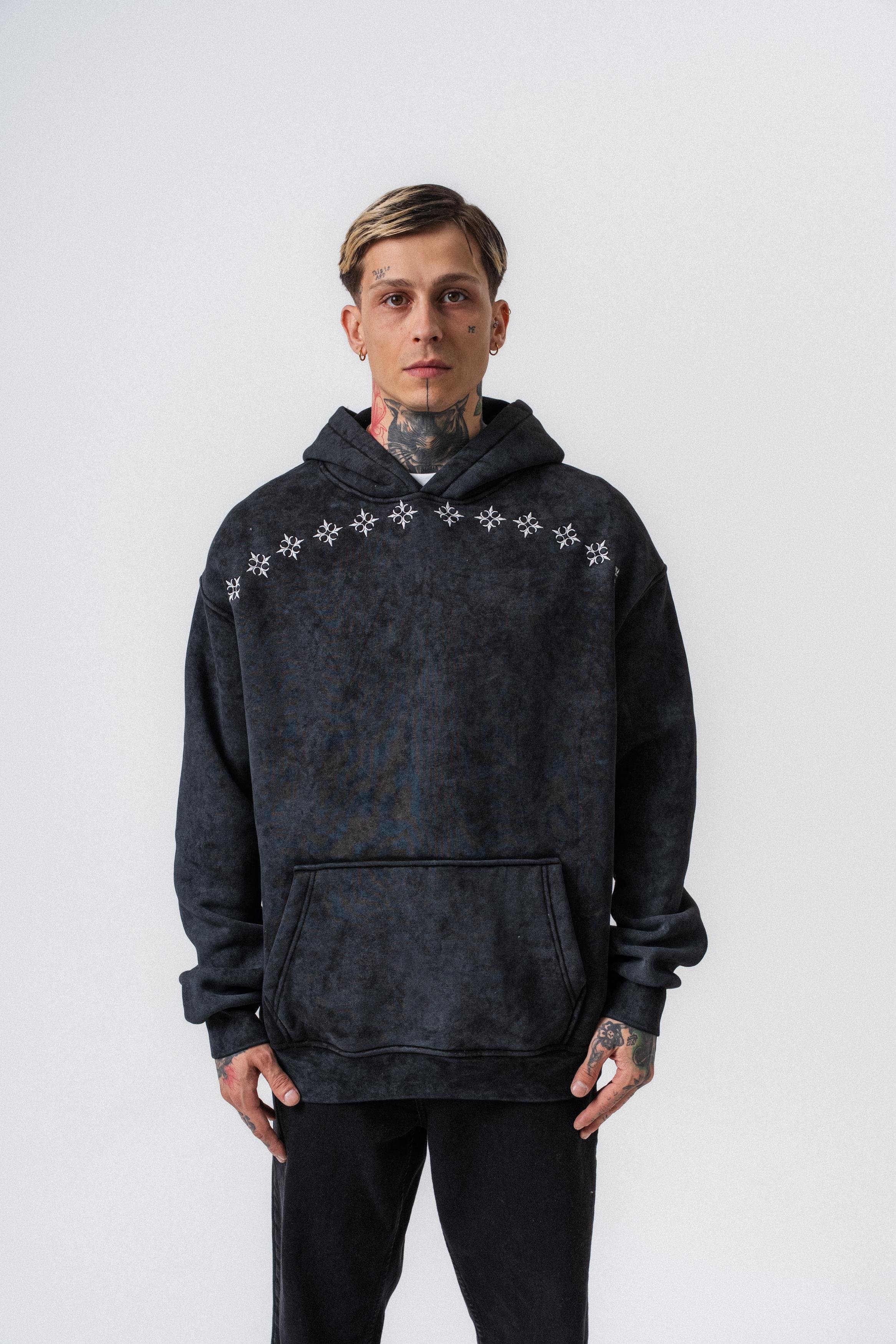 Erkek Muse Baskılı Yıkamalı Kapüşonlu Oversize Hoodie Siyah