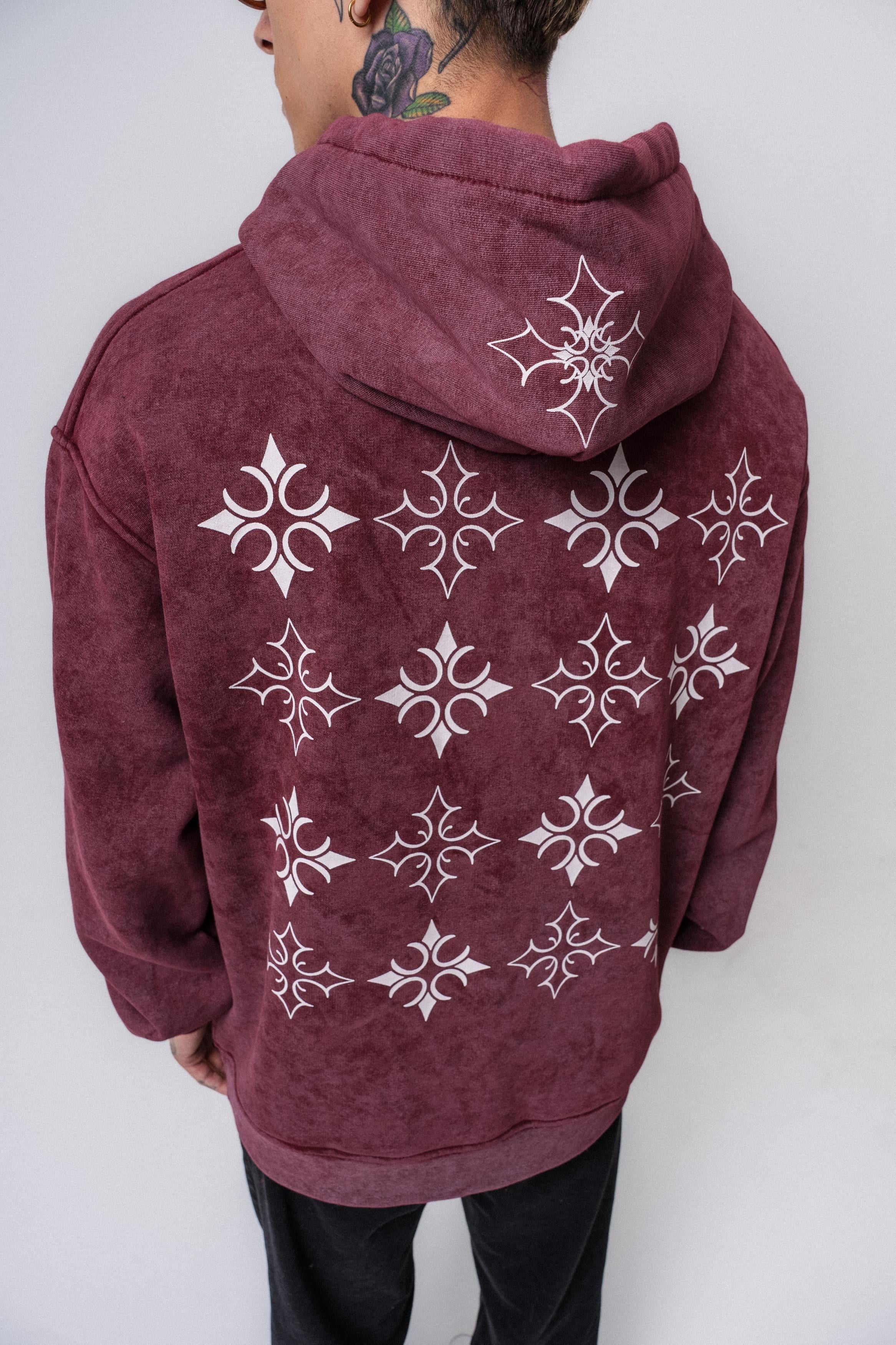 Erkek Muse Baskılı Yıkamalı Kapüşonlu Oversize Hoodie Bordo