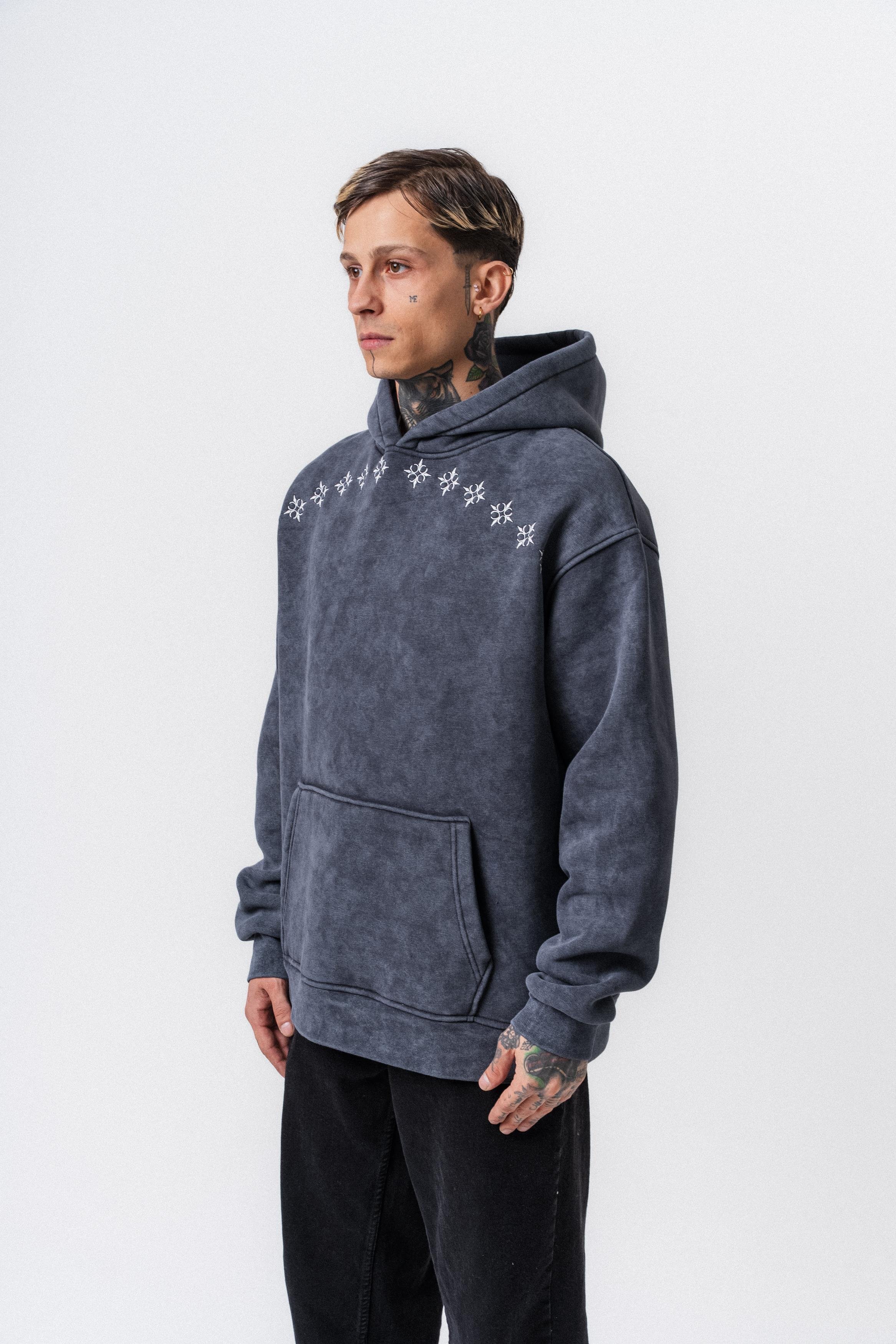Erkek Muse Baskılı Yıkamalı Kapüşonlu Oversize Hoodie Füme