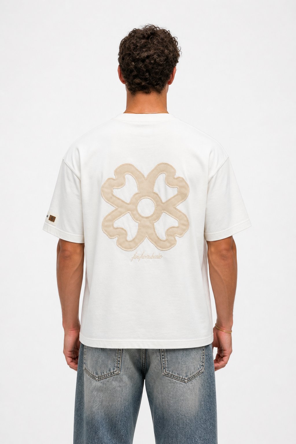 Erkek Nakış Detaylı Oversize T-Shirt Ekru