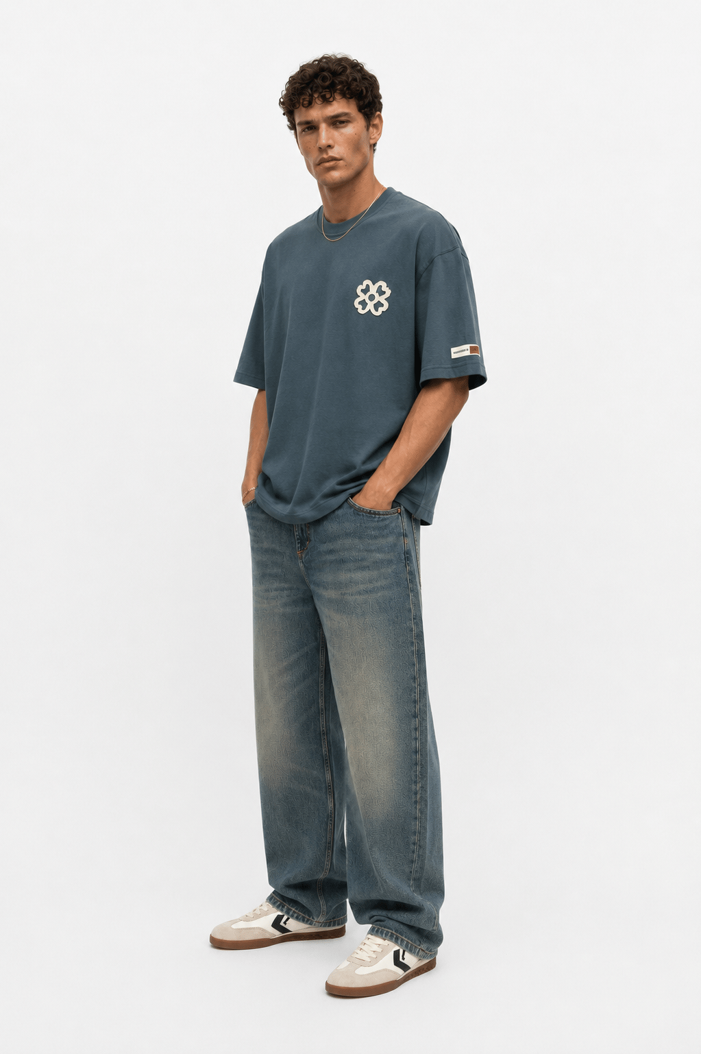 Erkek Nakış Detaylı Oversize T-Shirt Petrol