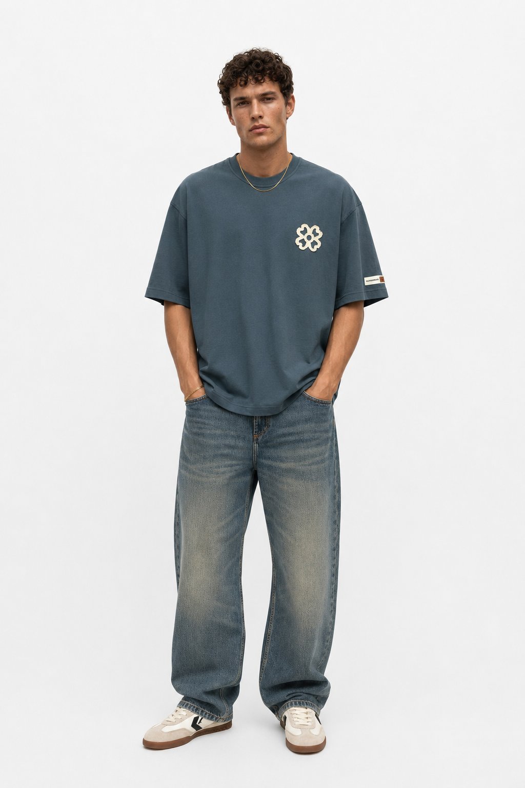 Erkek Nakış Detaylı Oversize T-Shirt Petrol