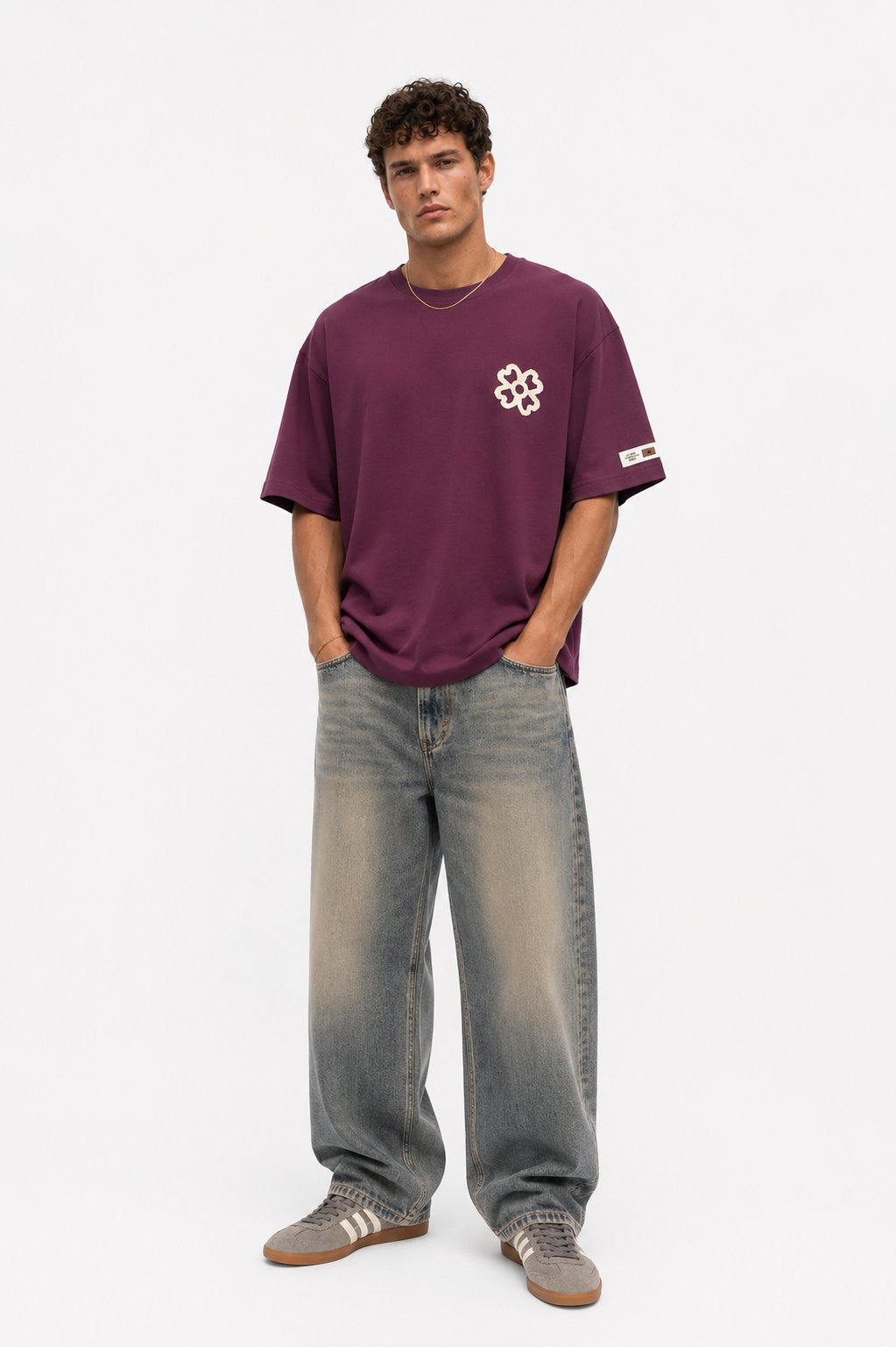 Erkek Nakış Detaylı Oversize T-Shirt Vişne