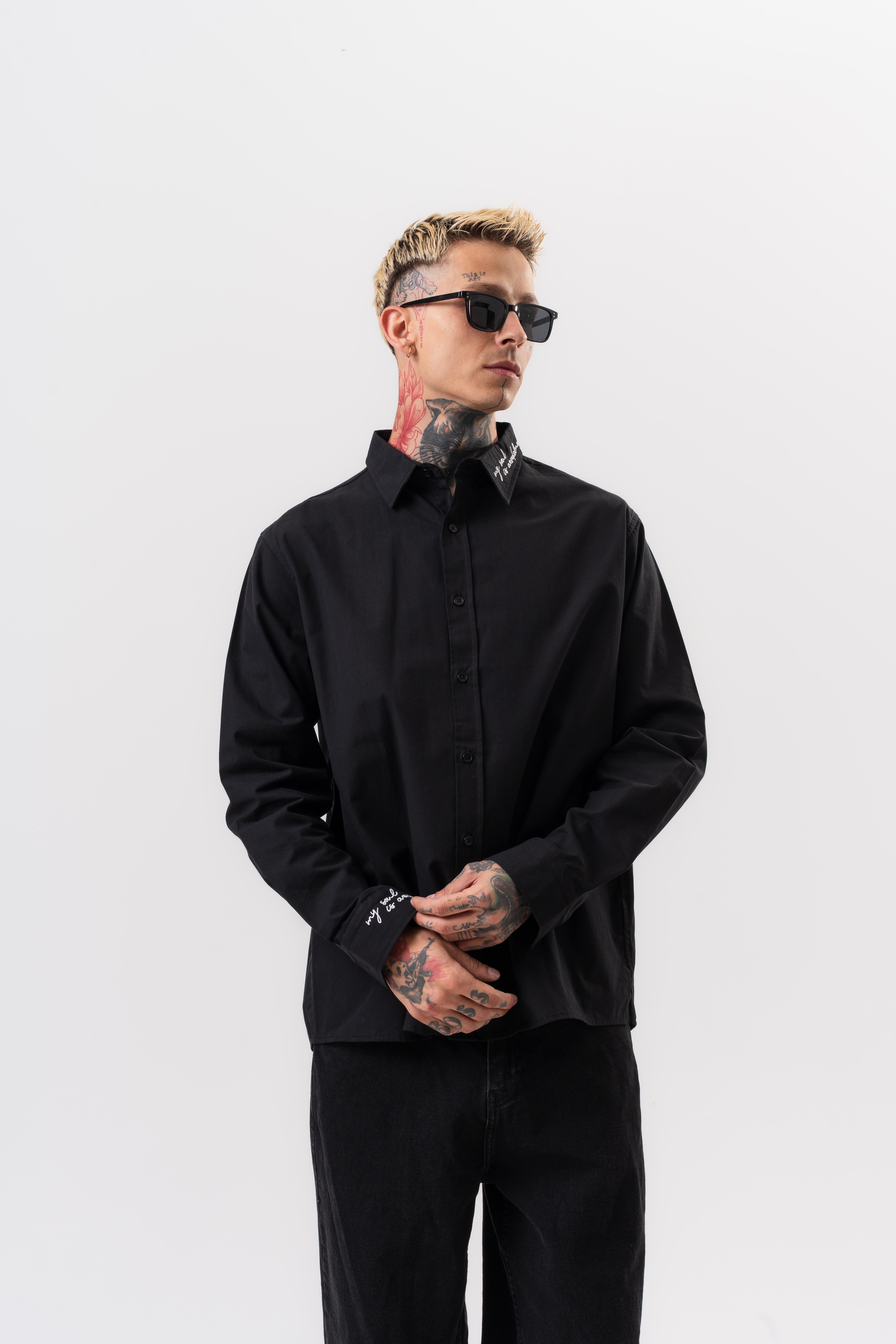 Erkek Nakış Detaylı Poplin Oversize Gömlek Siyah