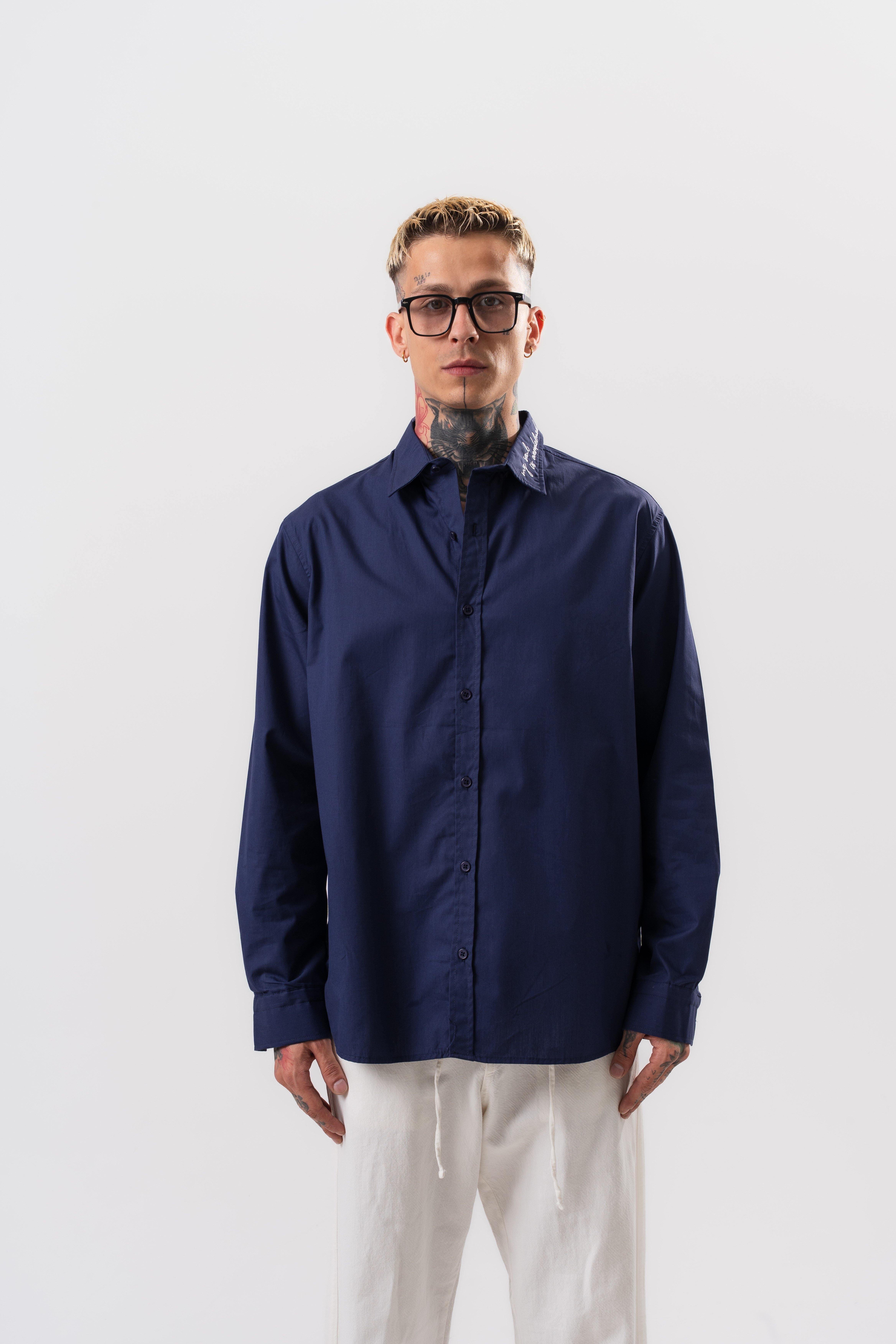 Erkek Nakış Detaylı Poplin Oversize Gömlek Lacivert