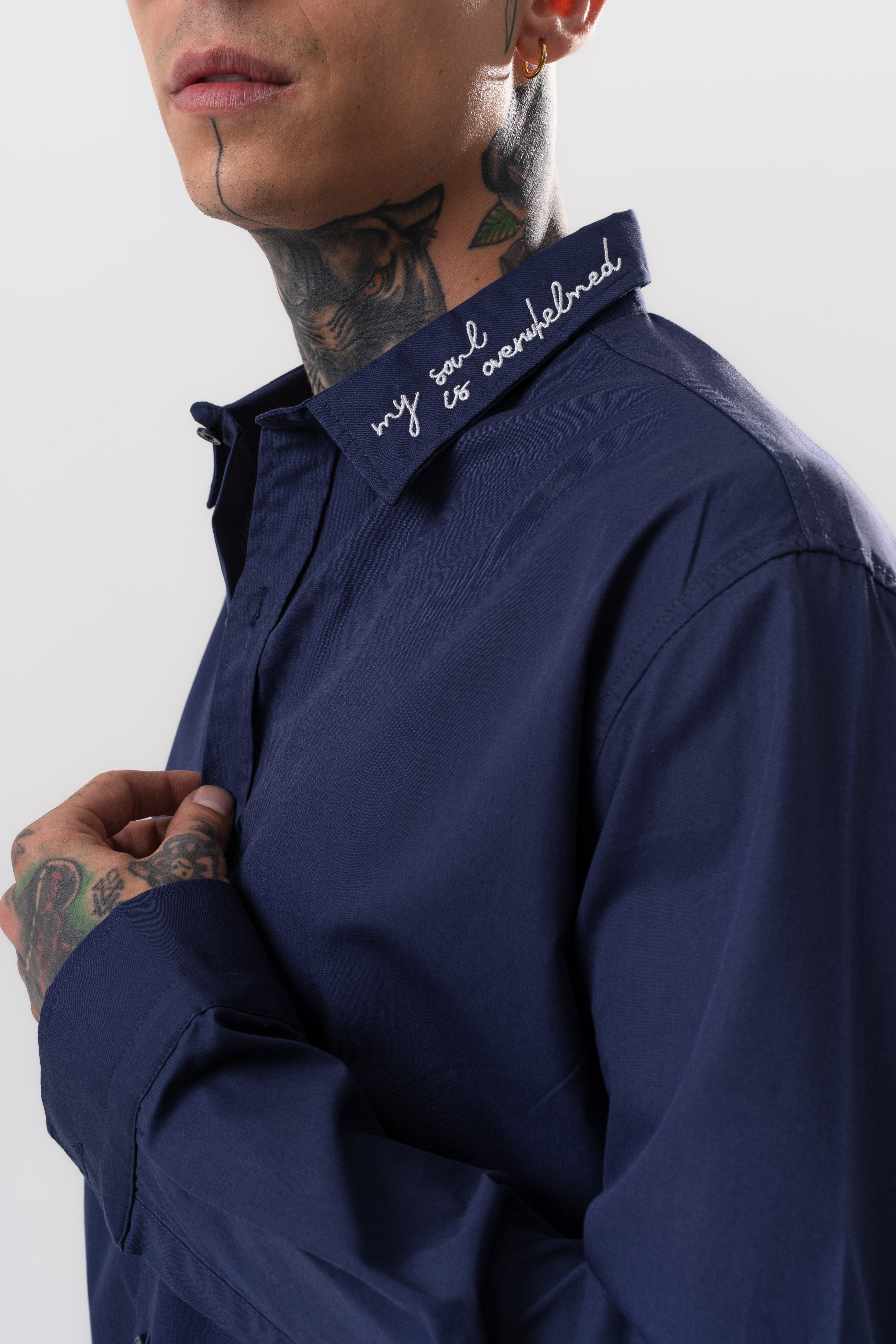 Erkek Nakış Detaylı Poplin Oversize Gömlek Lacivert