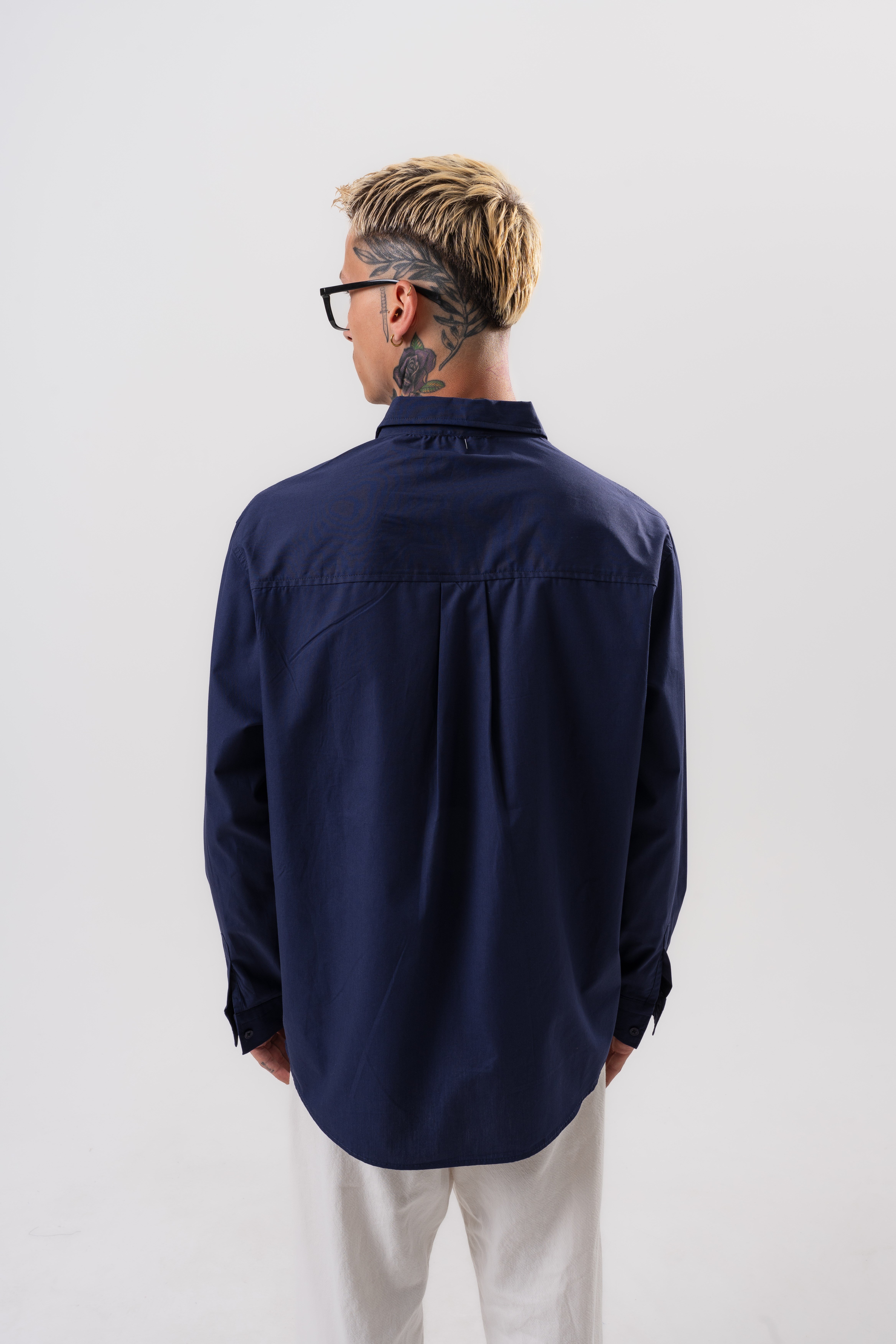 Erkek Nakış Detaylı Poplin Oversize Gömlek Lacivert