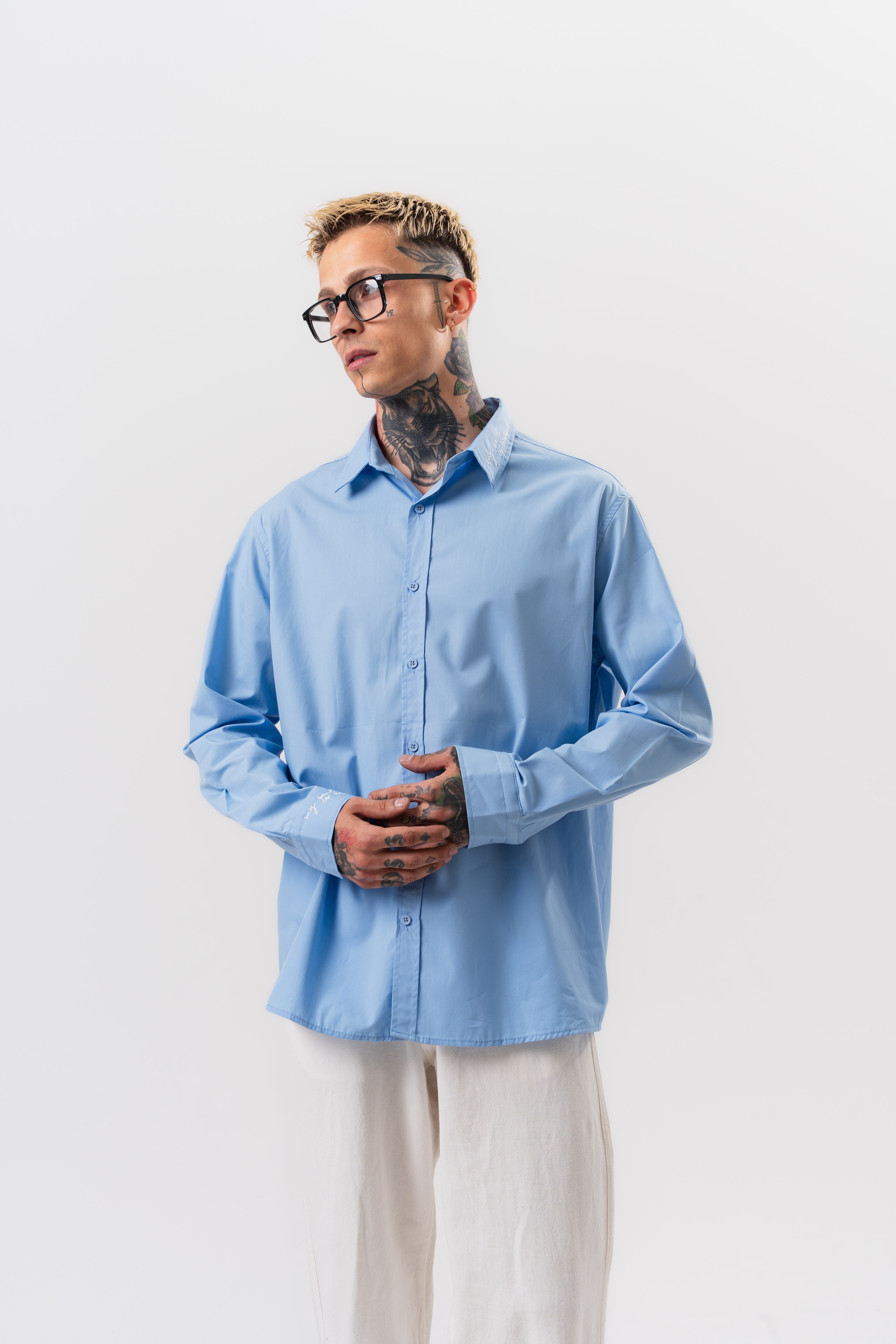 Erkek Nakış Detaylı Poplin Oversize Gömlek Bebe Mavi