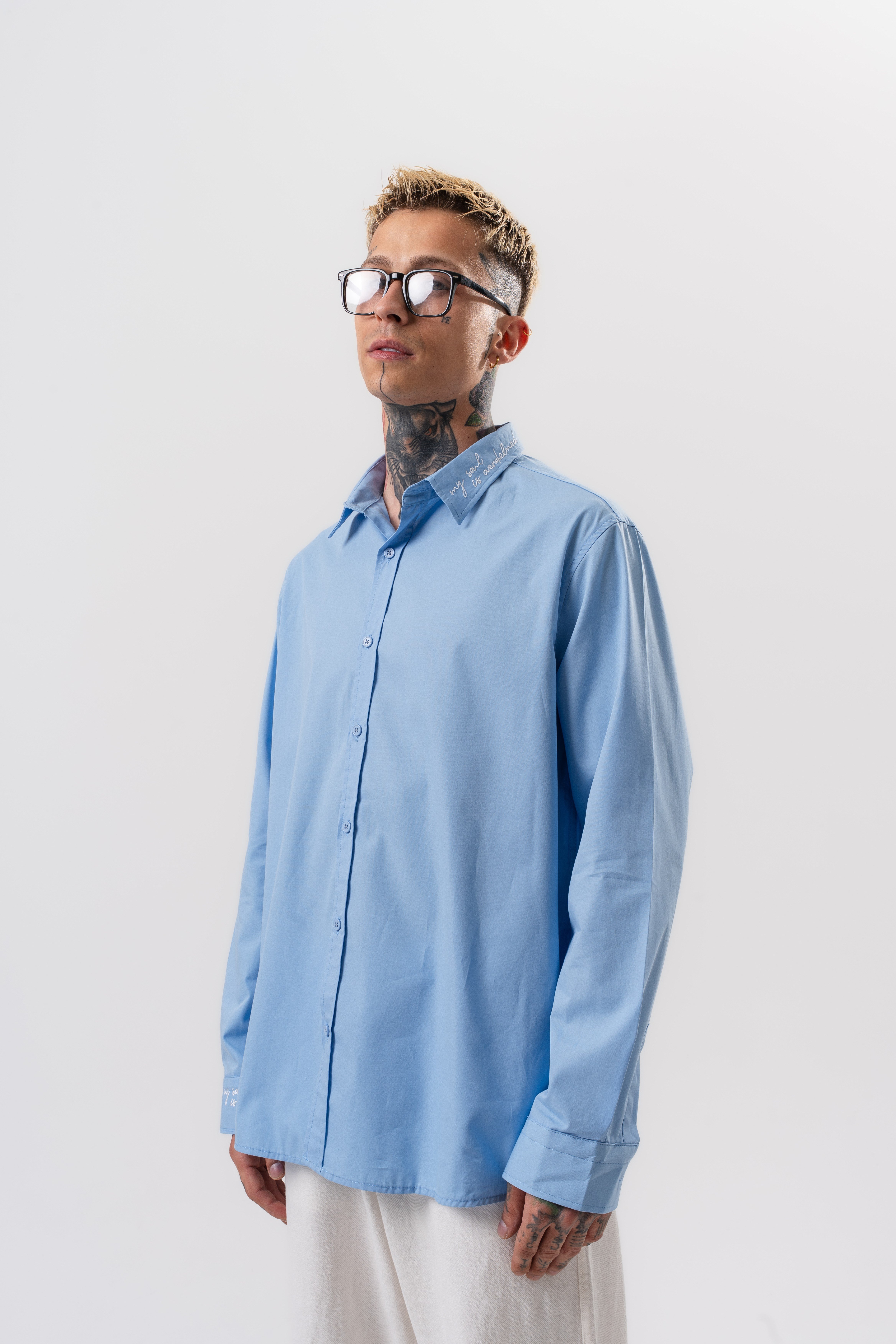 Erkek Nakış Detaylı Poplin Oversize Gömlek Bebe Mavi