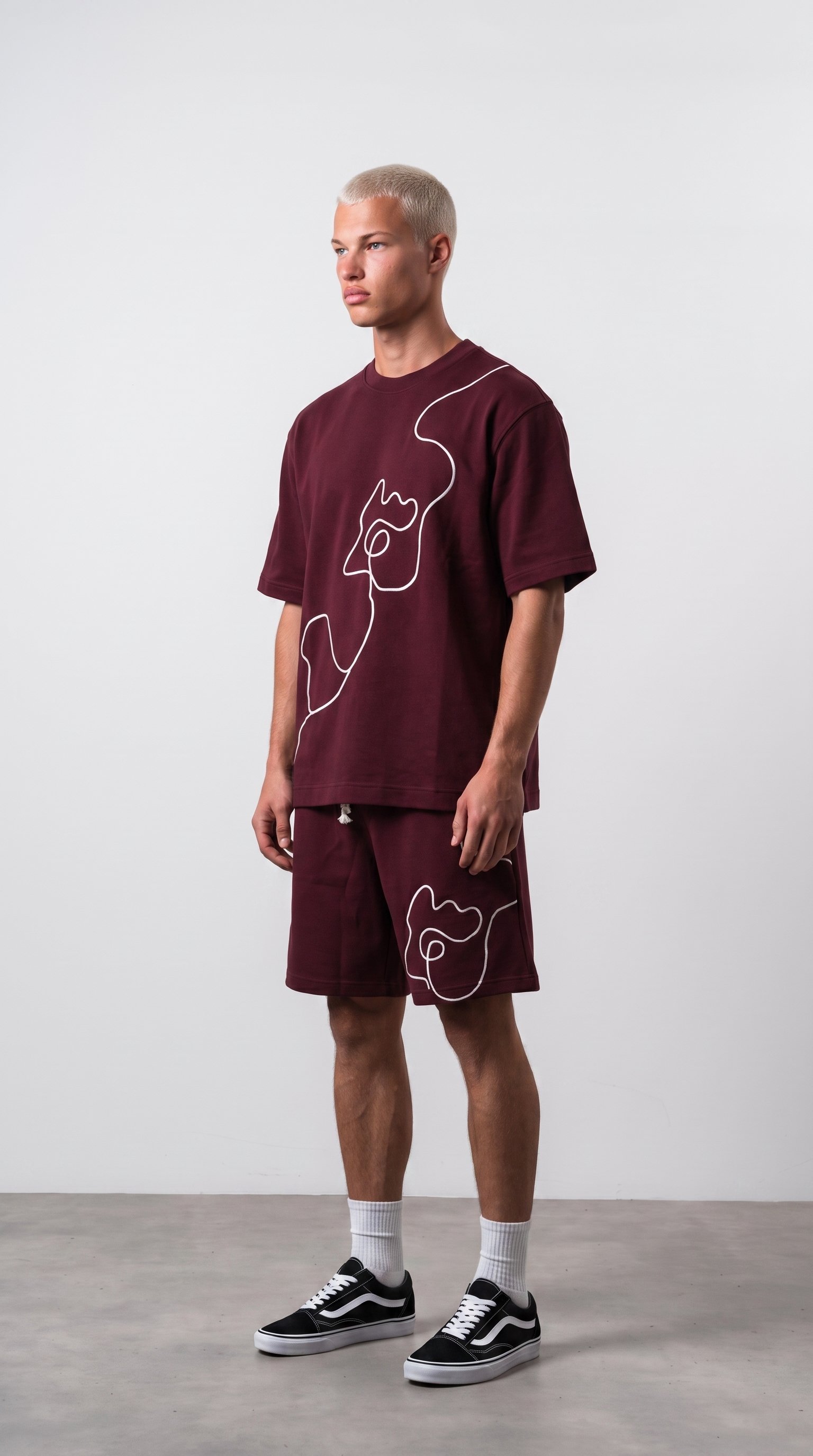 Erkek Nakış Detaylı Regular Fit T-Shirt Şort Takım Bordo